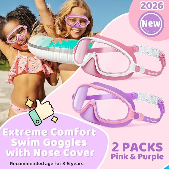 Vvinca 2 Pcs Kids Swim Goggles with Nose Cover, Swimming Diving Mask Wide View Anti Fog UV Anti Shattered Lens for Kids 3-14
