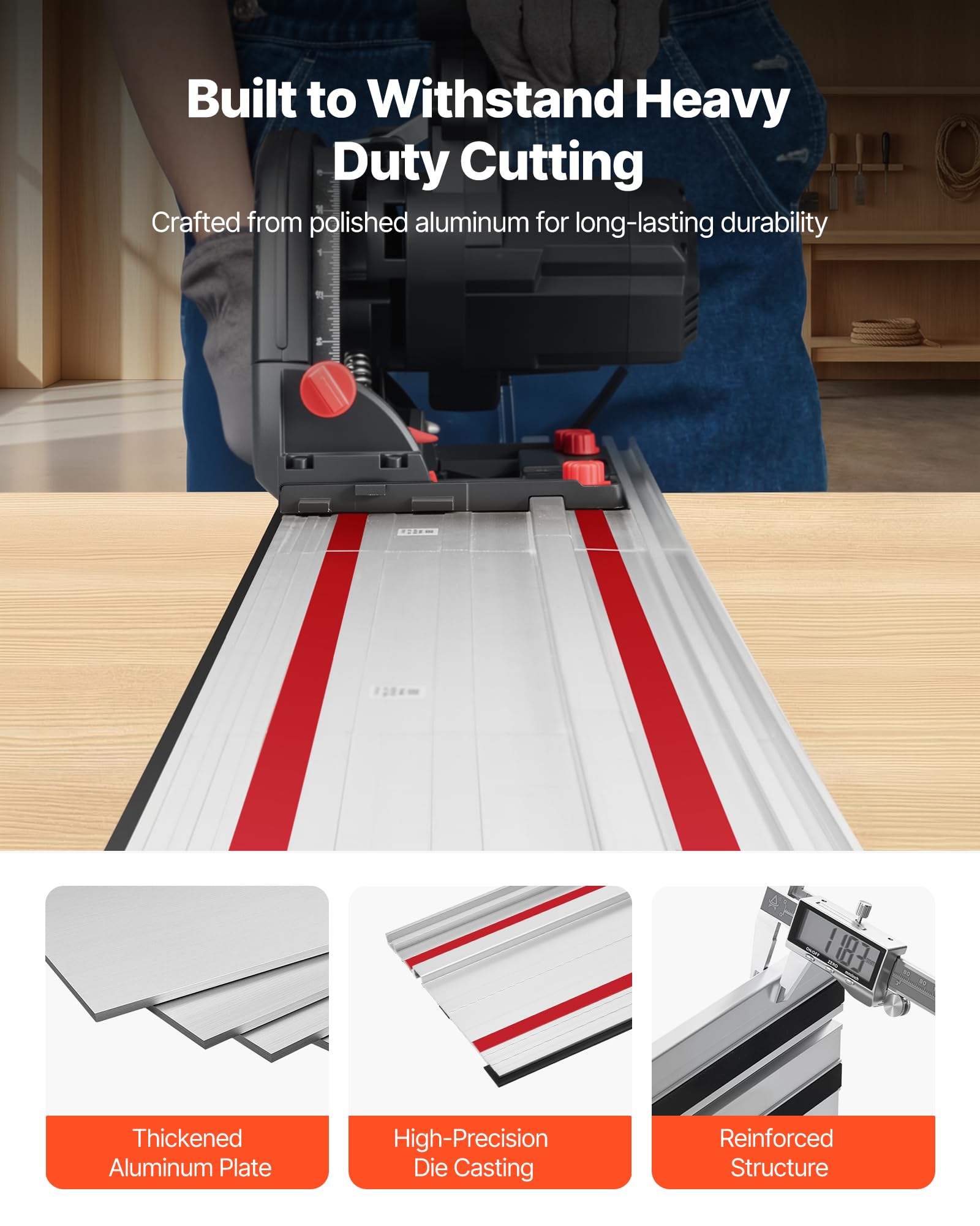 VEVOR Riel Guía para Sierra de Mesa, Rango de Corte de 279,4 cm, Incluye 4 Rieles Guía de Aluminio Extruido de 698,5 mm y 3 Conectores, Compatible con Makita, Festool y WEN, para Carpintería