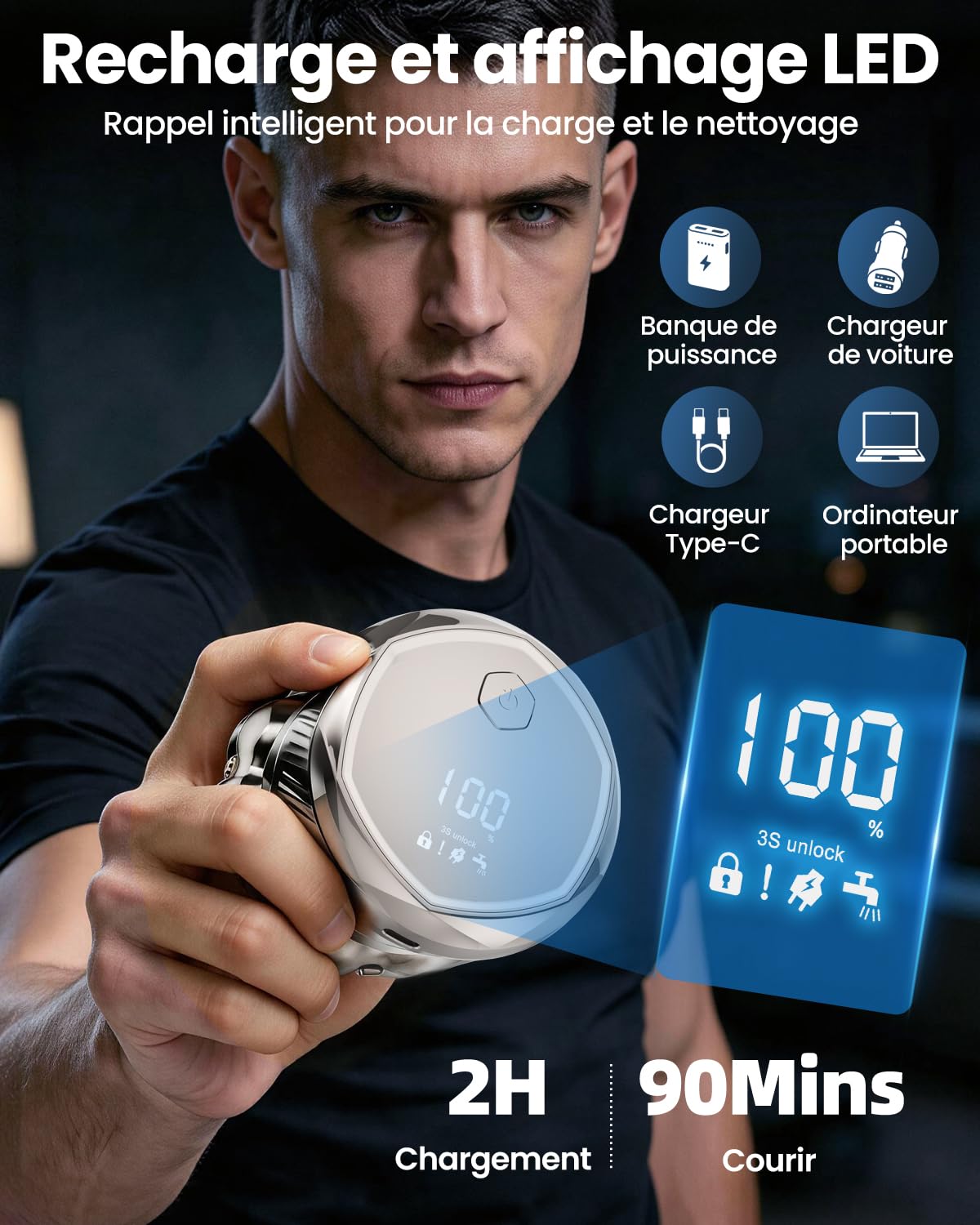 Rasoir Crâne Homme 7D, Rasoir Électrique 6 en 1 avec Têtes Flottantes, Tête Magnétique Amovible, Rasage Humide et Sec, Écran LED, Charge USB-C, Tondeuse Nez, Tondeuse Cheveux et Corps