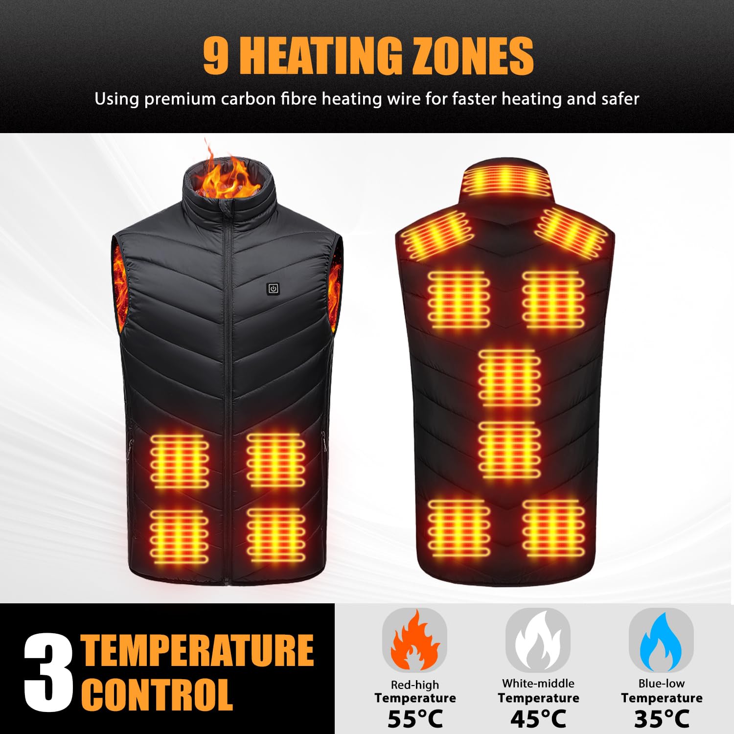 Tiazhan Chaleco Calefactable, Beheizbare Weste con Powerbank/9 Zonas, Chaqueta Calefactable Ligera y Recargable, Chaqueta Calefactable Iteligente, para Hombre/Mujer