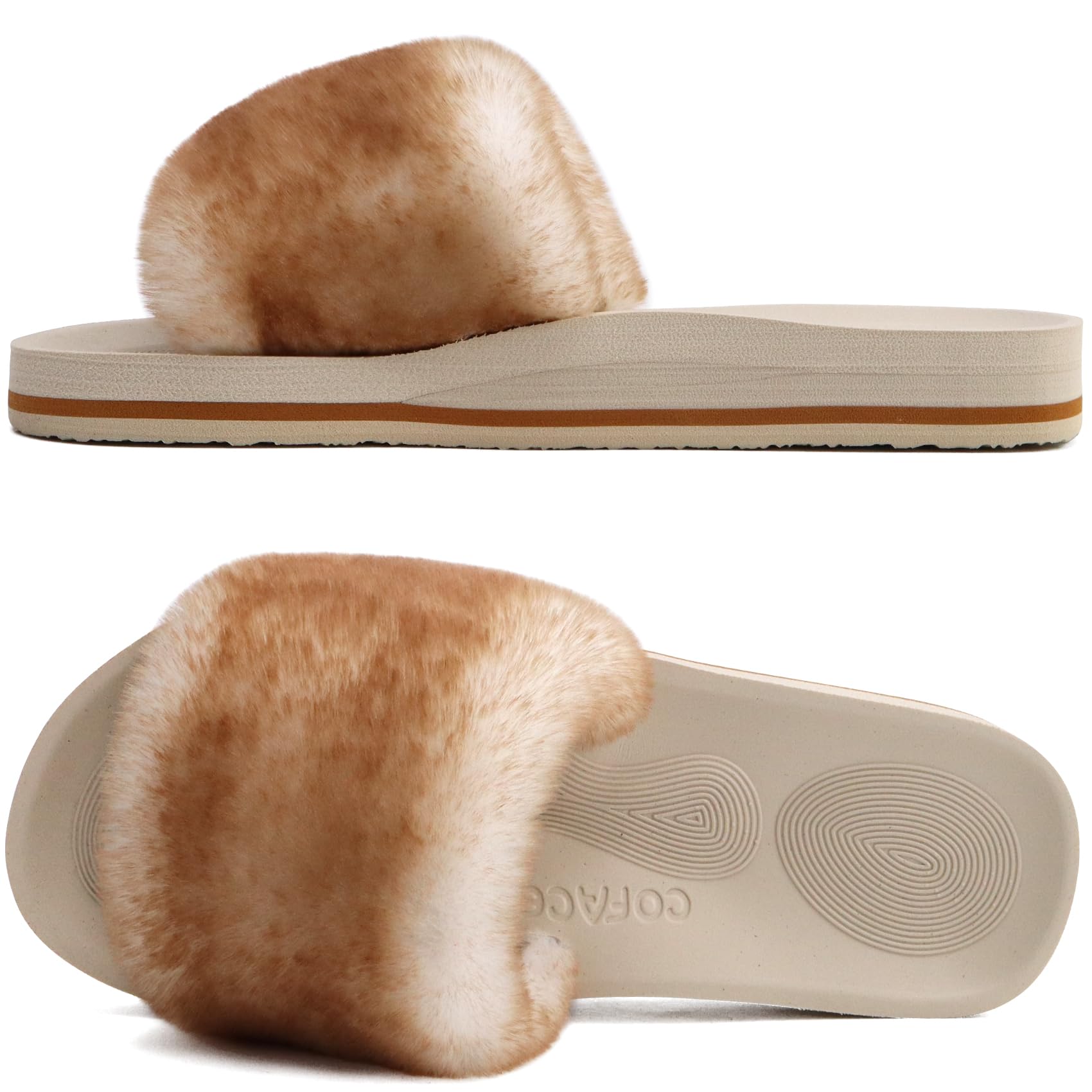 COFACE Womens Slides Fuzzy Slippers Open Toe Fluff Slippers With Arch Support Plantar Fasciitis Orthotic Slippers Women House Shoes