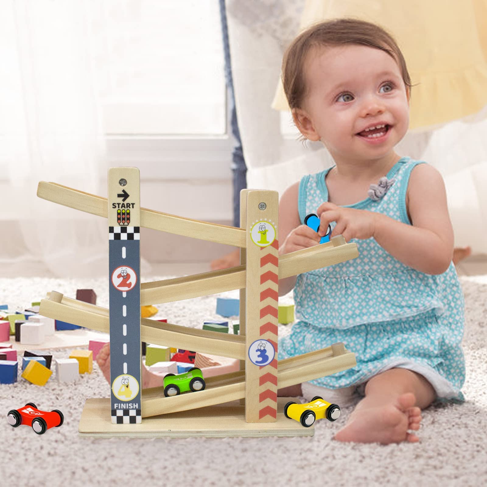 Rampas para Coches de Madera | Tobogán de Coche en Zigzag | Parking Garaje Coches Juguetes | Juguetes para Niños Pequeños Pista de Carreras de Madera con 4 Coches | Regalos de Niño de 3 4 Años (City)