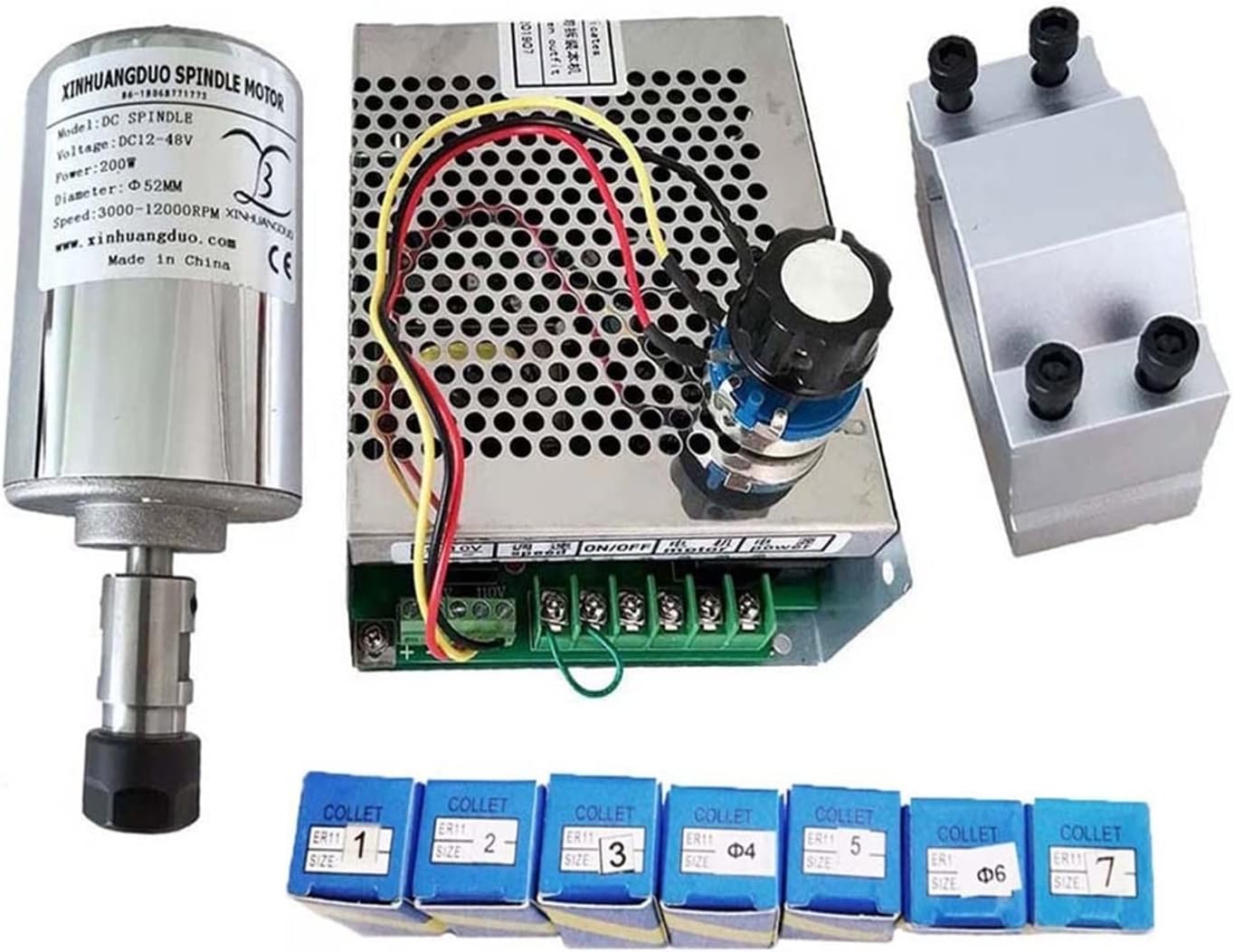 CNC Spindle Motor Air Cooled 0.2kw CNC spindleMotor Kit ER11 Chuck 200W Spindle Motor/Power Supply Speed Governor for Engraving for CNC Router Engraving Milling Machine (Color: Package 6) (Package 1)