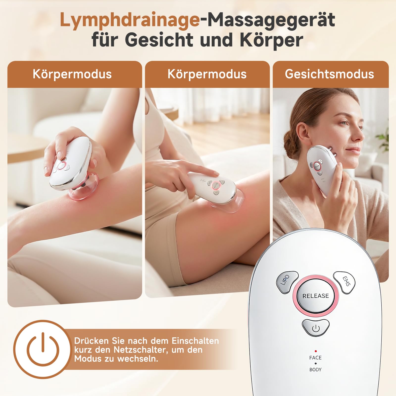 3 in1 Schröpfmassagegerät Elektrisch mit EMS & Rotlicht, Tragbarer Massage Gun für Lymphstimulierende Massage und Körpermodellierung - Für Gesicht, Bauch, Beine, Po zur Straffung und Entspannung