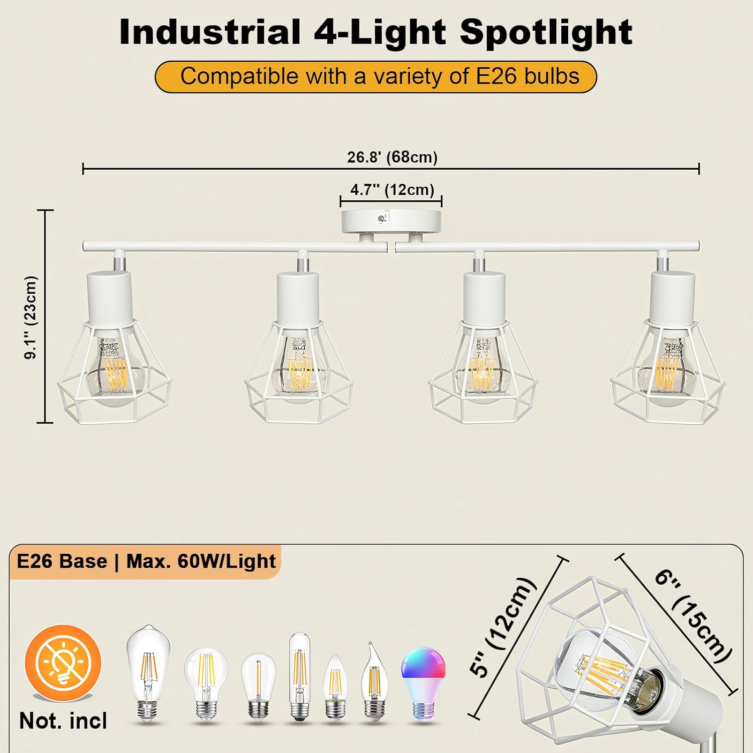 HiBay 4-Light Track Lighting, White Farmhouse Ceiling Light Fixtures, Modern Adjustable Spotlight for Bathroom Vanity, Kitchen, Bedroom, E26 Base (Bulbs Not Included)