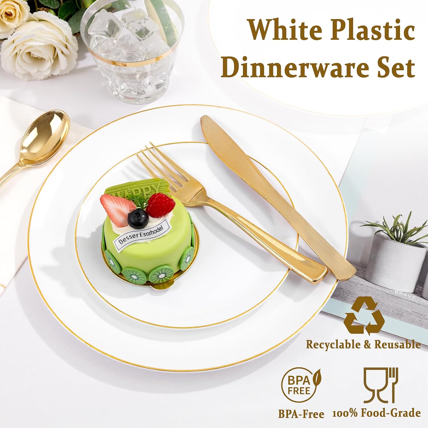 Festiva 350Pcs Gold Plastic Plates - White and Gold Dinnerware Set Disposable include 10" & 7" Plates,Cups,Silverware,Napkins -serve 50 Guests Perfect for Wedding& Easter&Birthday Party - Image 4