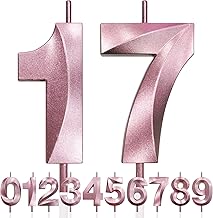17th Birthday Candle, 3D Design Rose Gold Glitter Number Candles, Cake Topper Decorations, Cake Candle for Birthday Party, Wedding Anniversary, Baby Shower, Party Decoration (Pink Gold)