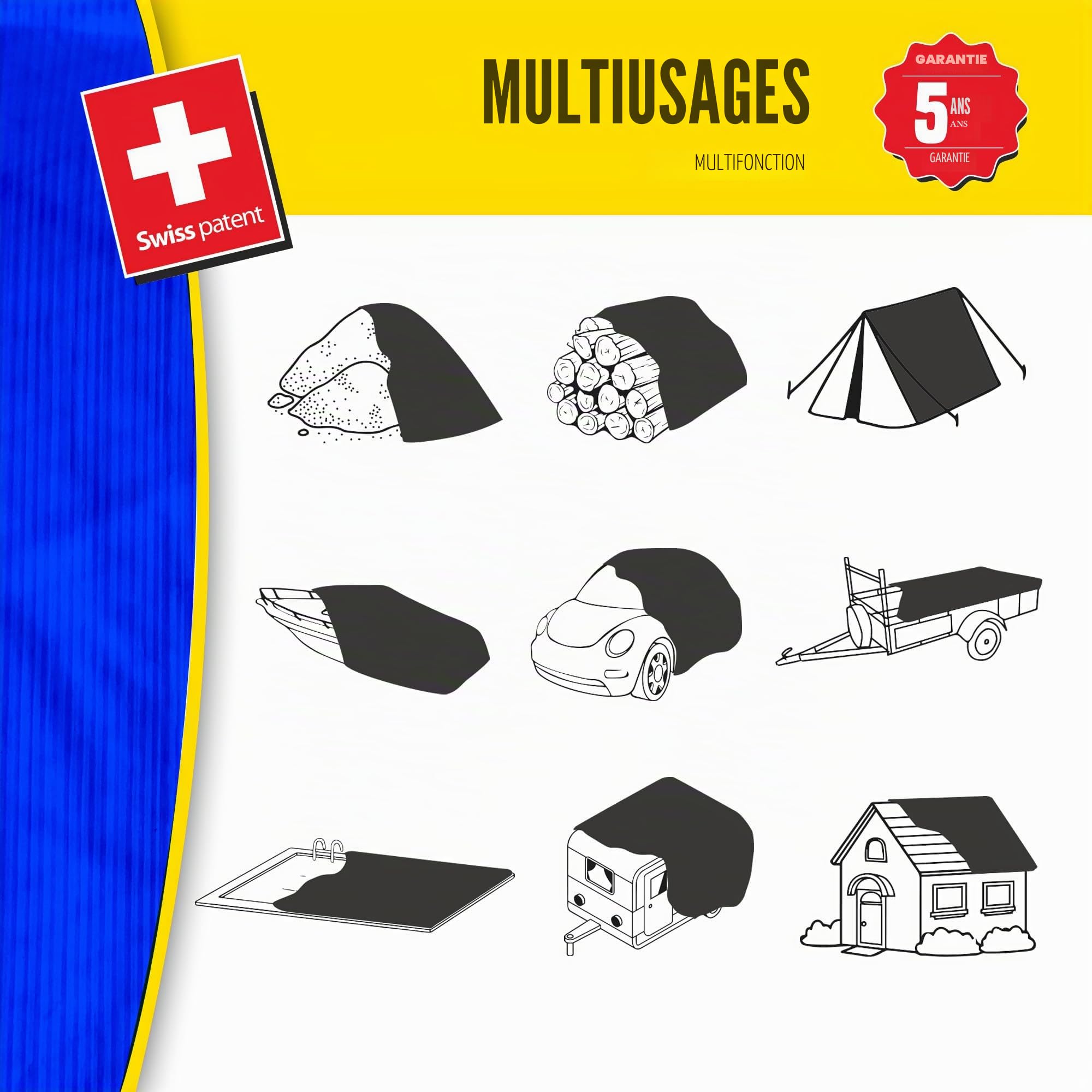 Bâche imperméable pour l'extérieur - 3x4m - 70 g/m2 - Trous soudés renforcés - Polyéthylène laminé croisé 3 Couches - Bleu - Protection Totale - Extra Forte - Bikain