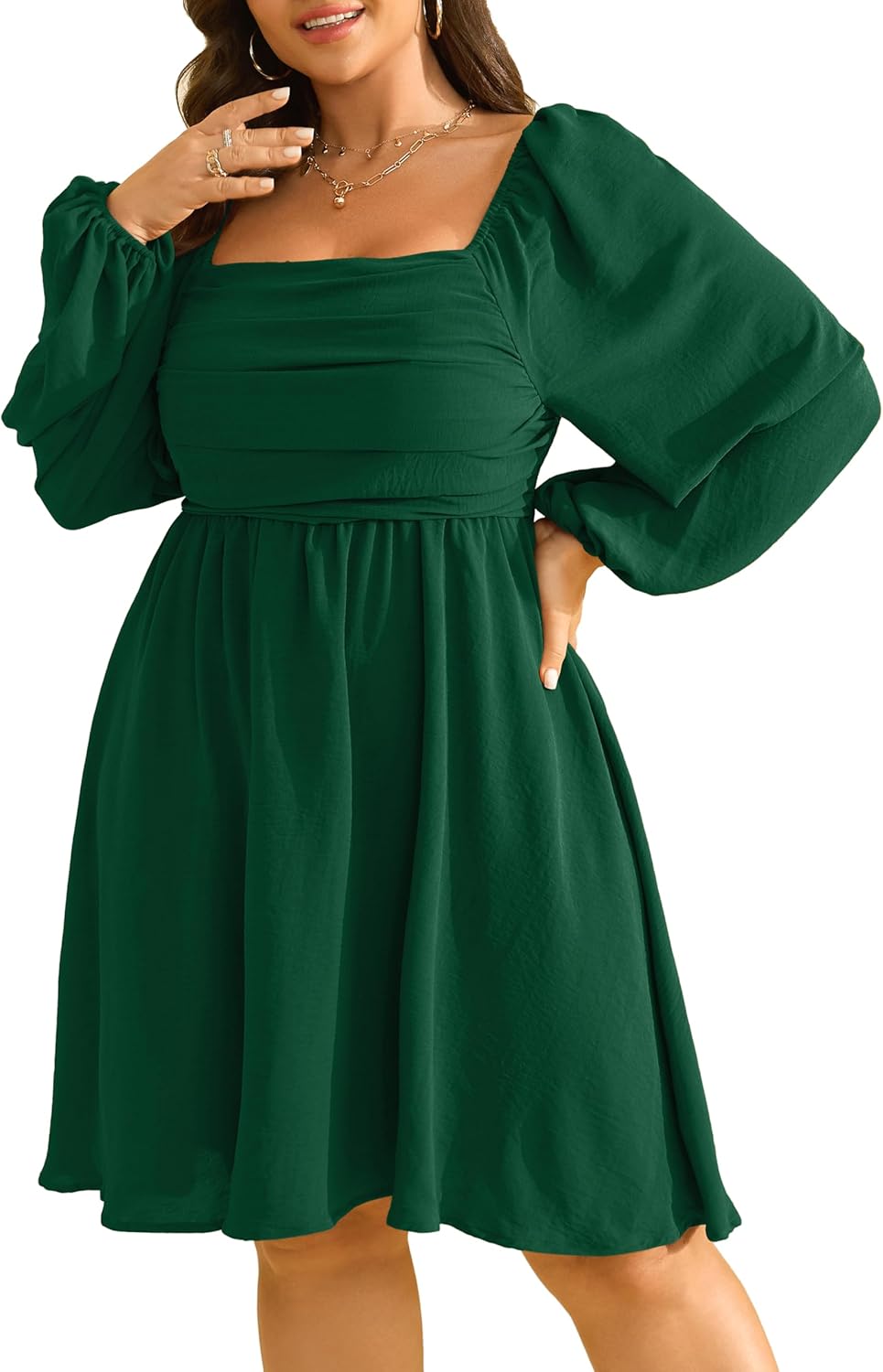 RWJ Womens Long Sleeve Mini Dress 2025 Fall Elegant Square Neck A Line Ruched Smocked Wedding Guest Party Plus Size Dresses