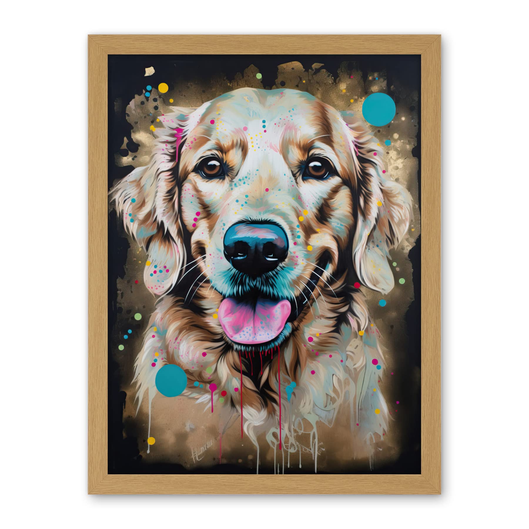 Artery8 Happy Smiling Golden Retriever Dog Portrait Artwork Framed Wall Art Print 18X24 Inch