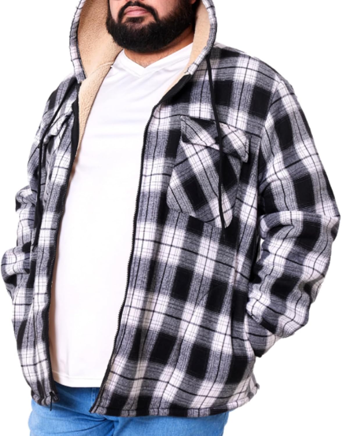 Big and Tall Flannel Jacket for Men Plaid Fleece Hoodie Zip Up Sherpa Lined Winter Coat, 2XL-8XL Plus Size - Image 3