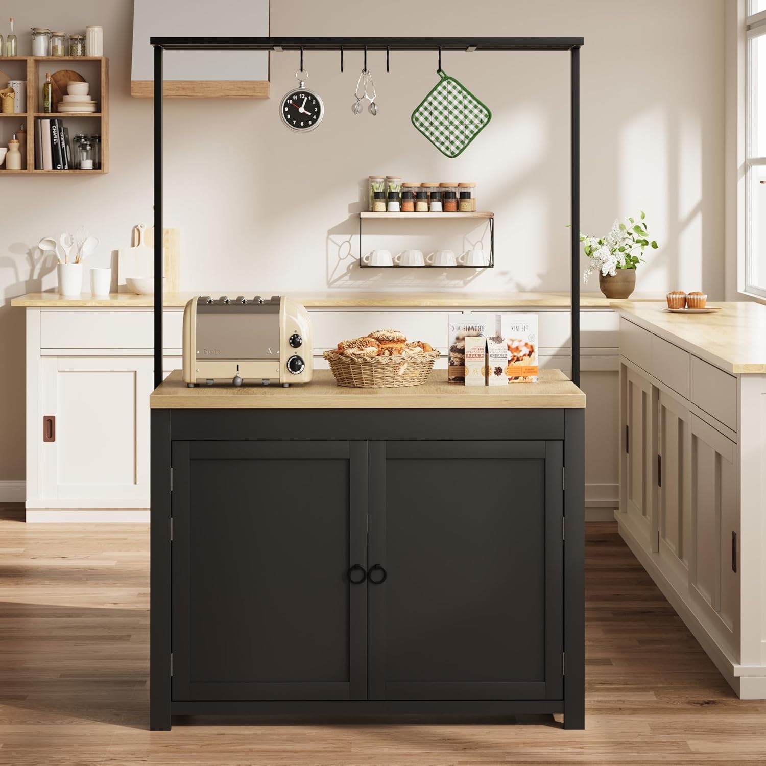 TROPOW 42" Wood Kitchen Island Cart with 30mm Thick Heavy-Duty Countertop, 2-Tier Shelves, 5 Hooks, Multi-Functional Prep Station, Storage for Kitchen, Dining, Living Room