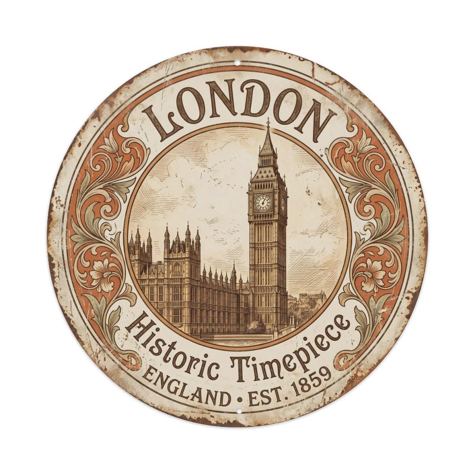 Cmhok Vintage Style Vintage Travel London Clocktower England Metal Tin Sign Plaque Wall Decor For Cafe, Club, Garden Round Metal Poster 8X8inch