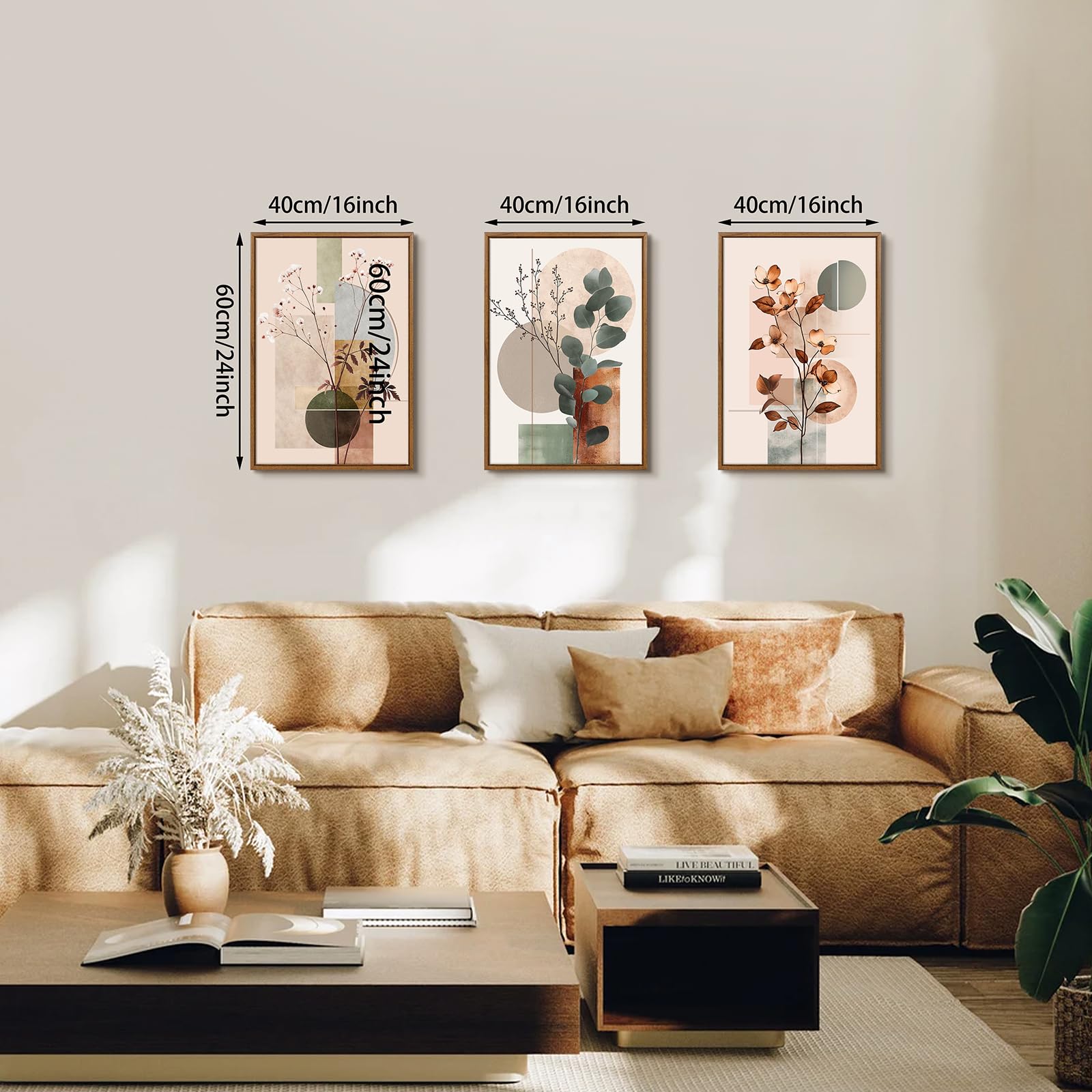 3 Pcs Beige Geométrico Plantas Floral Modernos Cuadros Decoracion Con Marcos, Botánico Algodón Eucalipto Hoja Cuadro y Láminas Lienzos Decorativos Hogar Para Comedor Salon Dormitorios 40X60cmx3Pcs