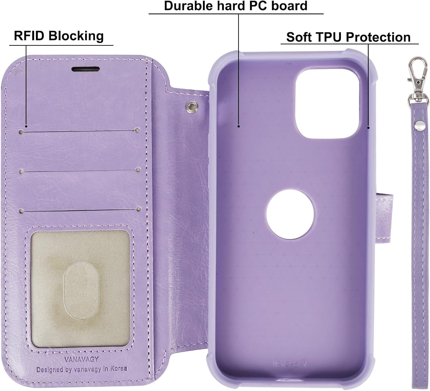 VANAVAGY Compatible for iPhone 12/12 Pro Wallet Case for Magsafe Wireless Charging, PU Leather Folio Flip Phone Cover with Wrist Strap RFID Blocking Card Holder Screen Protector, Clove Purple - Image 4