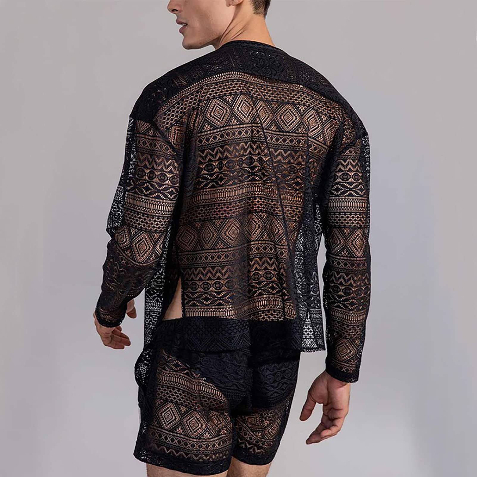 Akozon Camicia e Pantaloncini da Uomo a Maniche Lunghe in Pizzo