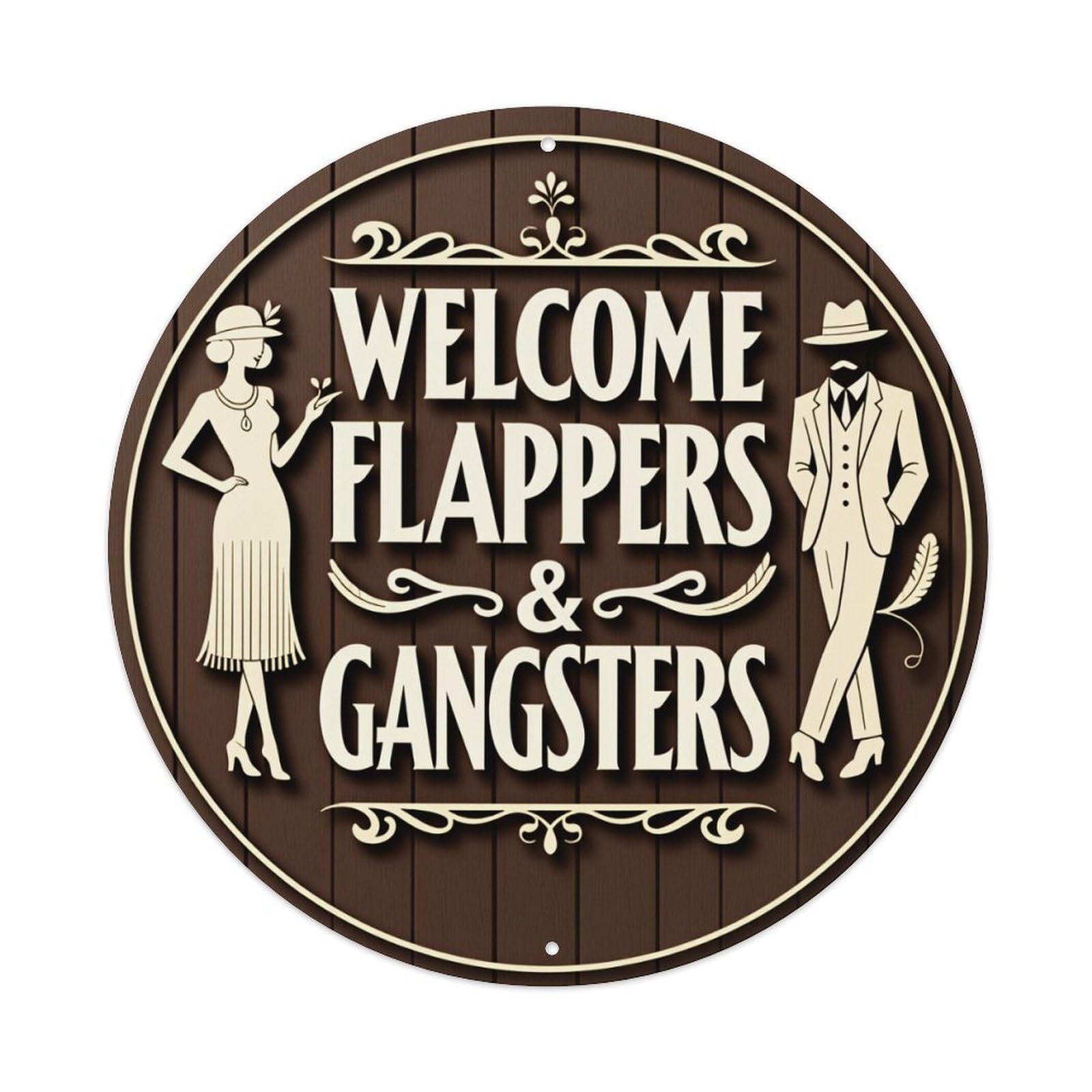 Flapper And Gangster Theme Pattern Round Tin Sign Vintage Metal Poster Retro Bar, Home, Man Cave, Kitchen, Laundry Room Wall Art Decor Gift 8x8Inch