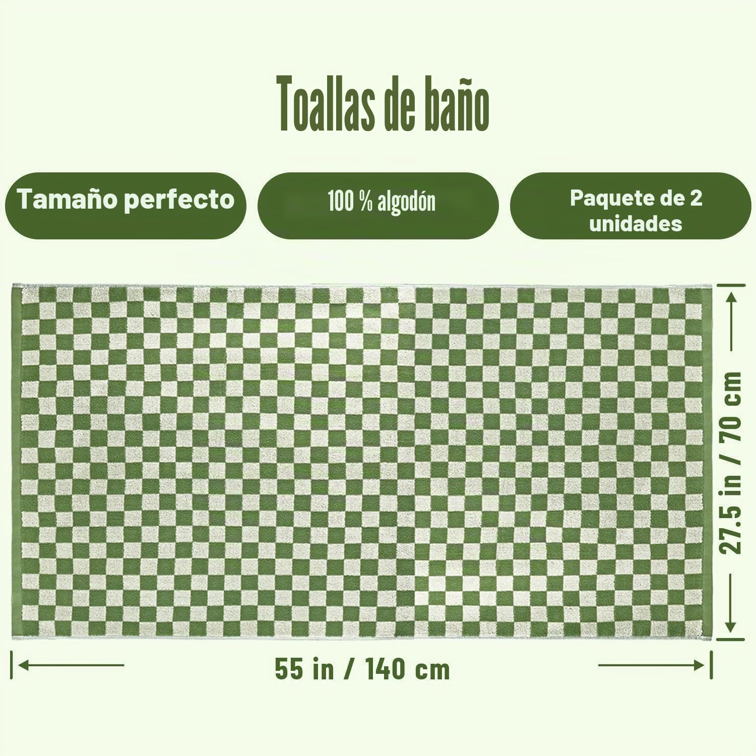 Jacquotha Juego de 2 Toallas de baño de algodón de Lujo, absorbentes, de Secado rápido, 520 g/m², decoración del hogar, Cuadros Verdes