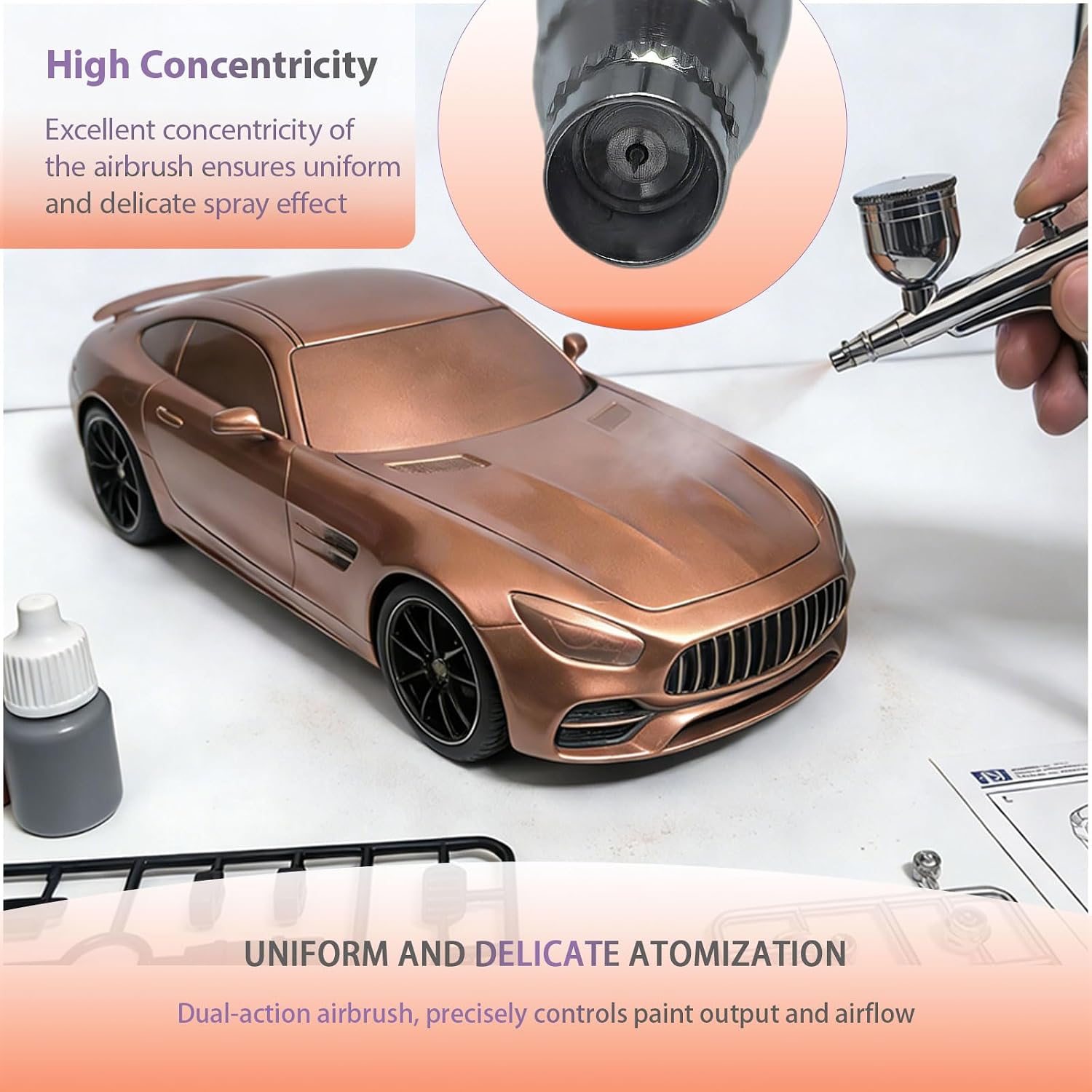 RDSWA Airbrush Kit, Dual-Action Spray Gun with 0.3mm Needle Sets and Gravity Feed 7cc Fluid Cup, Air Brush Gun Ideal for Nail Paint, Makeup, Barber, Cake Decorating, Model,Tattoo Silver