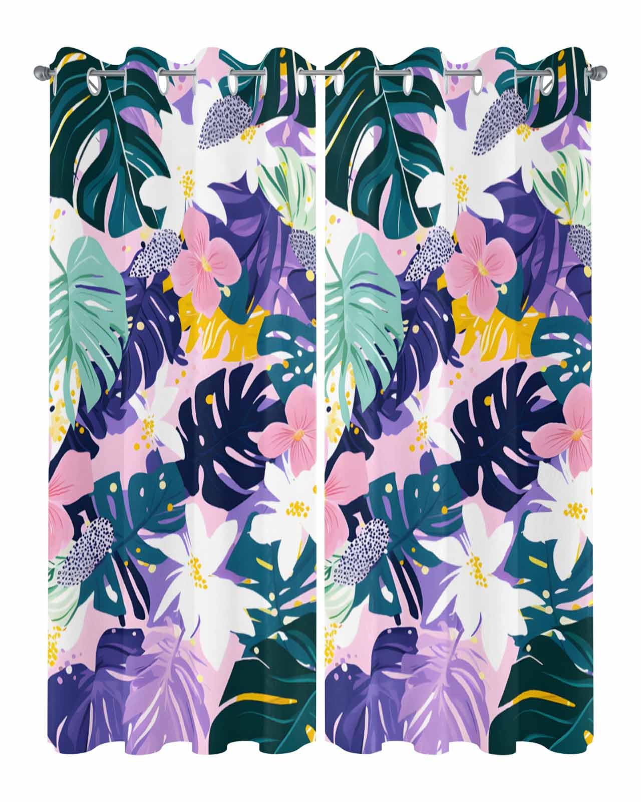 Waterproof Outdoor Curtains for Patio Porch, Abstract Tropical Leaves Floral Grommet Curtain Panel Windproof Outside Curtains Tieback, Summer Blossom Floral Weighted Window Treatment Drapes