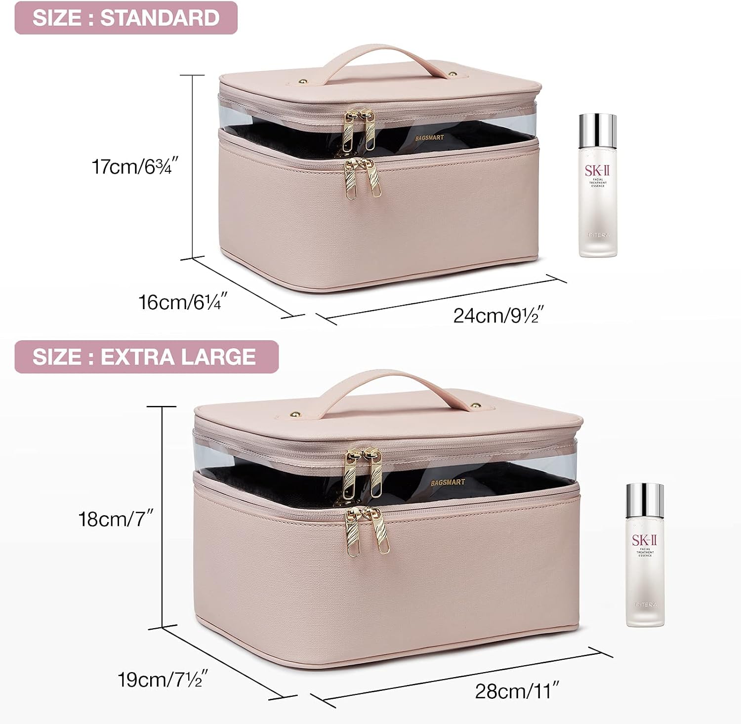 BAGSMART Makeup Bag, Travel Cosmetic Case,Double Layer Makeup Organizer Bag with Adjustable Dividers,Water-resistant Leather Cosmetic Case for Travel,Makeup,Skin Care,Cosmetics Tools,Brushes,Pink