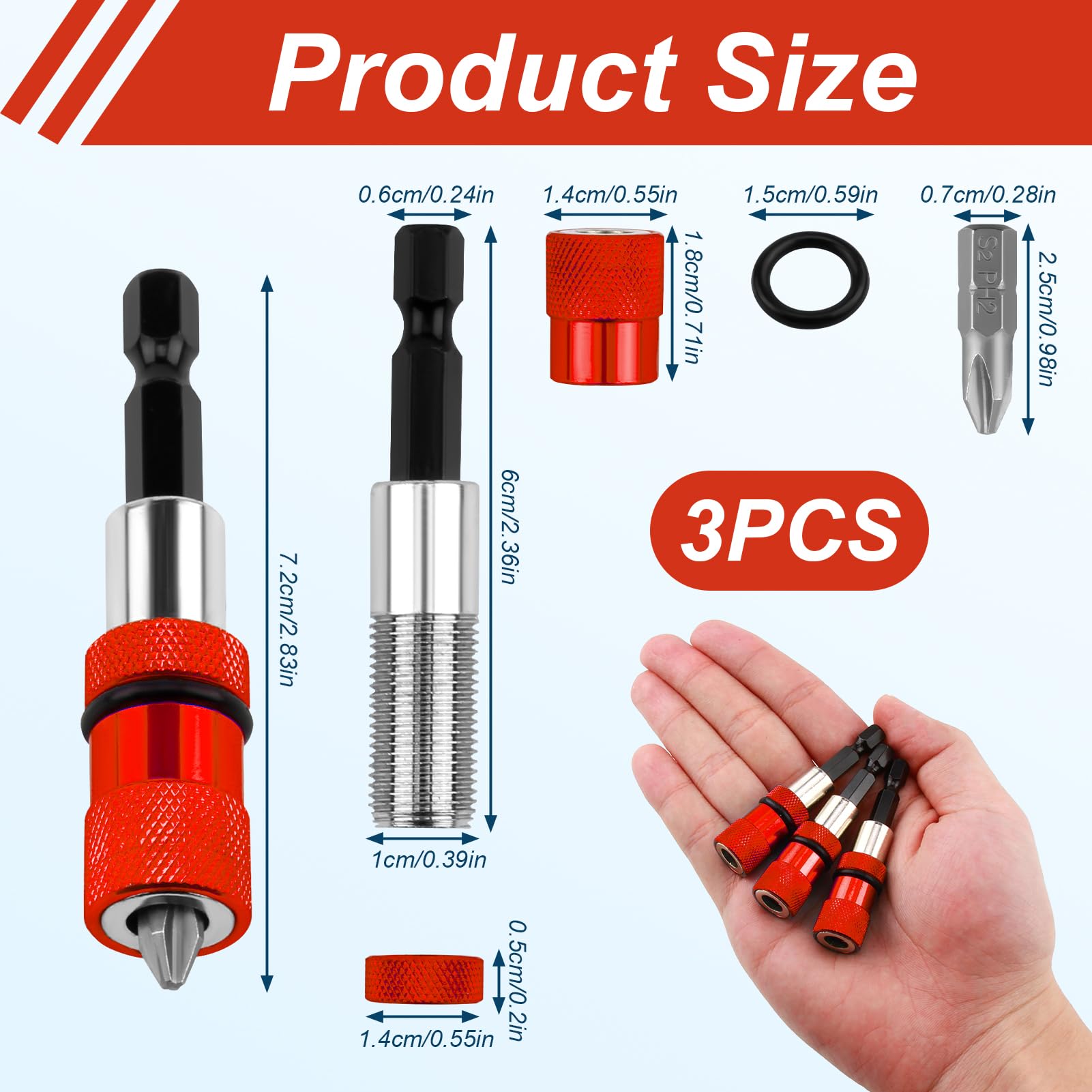 Set de 3 Puntas Atornillador Imantadas, Portapuntas Magnético para Paneles de Yeso, Punta Pladur con Diseño Ajustable, Compatible con Atornilladores Inalámbricos y Taladros Manuales (Rojo)