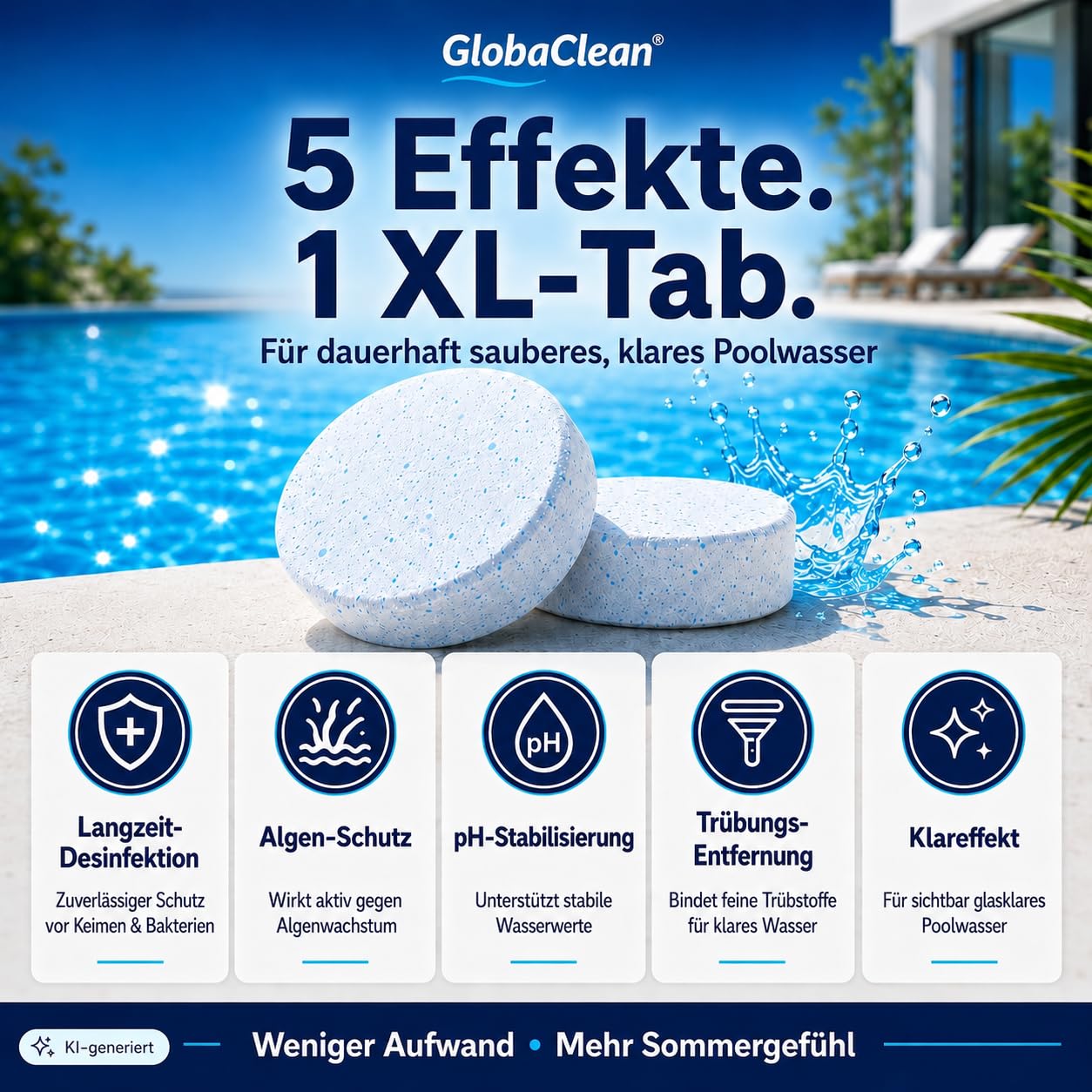 Multitabs für Pool 5 in 1 – 5kg (25 Tabs) – Chlortabletten für Pool 200g – Profi-Qualität Borsäurefrei – Made in Europe - Für kristallklares Poolwasser