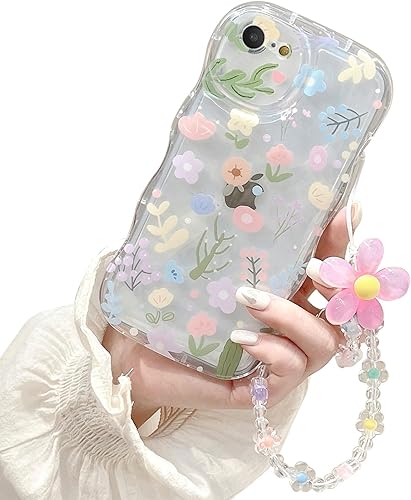 Miniatura 1 de Compatible con iPhone 78SE, bonito estampado de flores coloridas con una bonita cadena de pulsera de flores, funda transparente de borde ondulado,