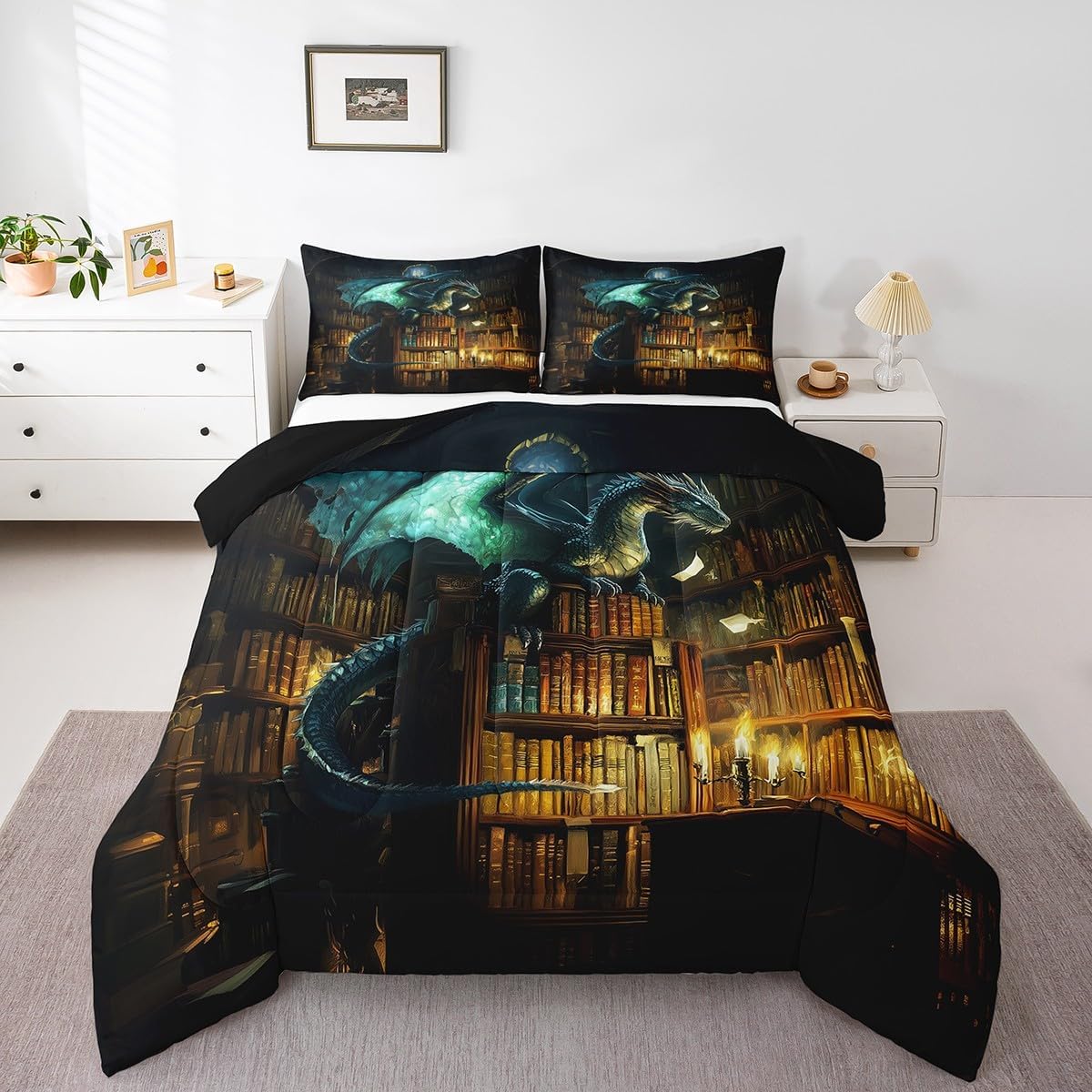 Dragon Bed Comforter Set Queen Size,Castle Bookshelf Super Soft Microfiber Bedding Set for Adults Men,Mysterious Magical Theme Decorative Comforter Set,3 Pcs