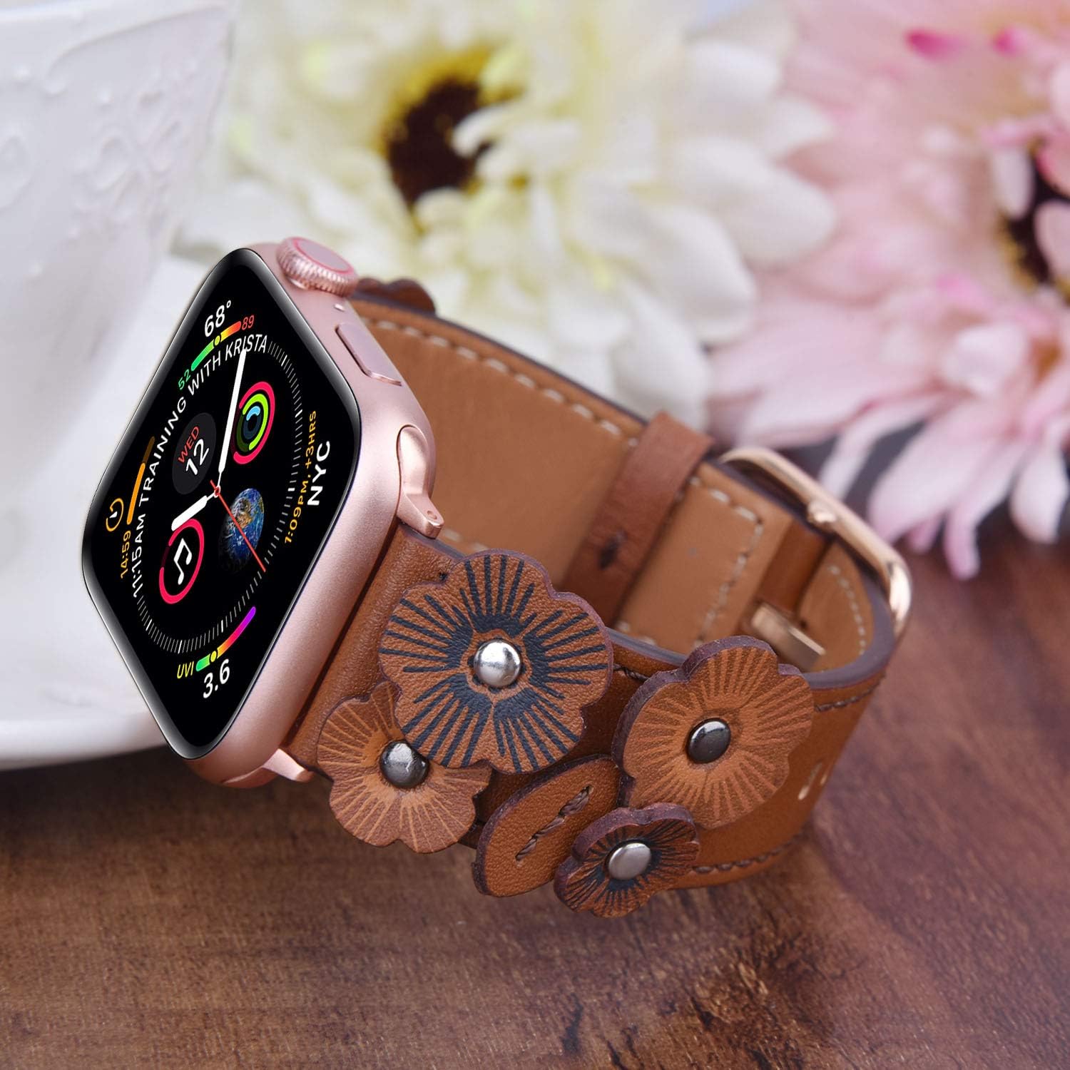 V-MORO Flowers Leather Bands Compatible with Apple Watch Bands 38mm 40mm Series 5/4/3/2 with Stainless Steel Buckle Rose Gold Replacement Strap Wristbands Women (Vintage Brown-38mm)
