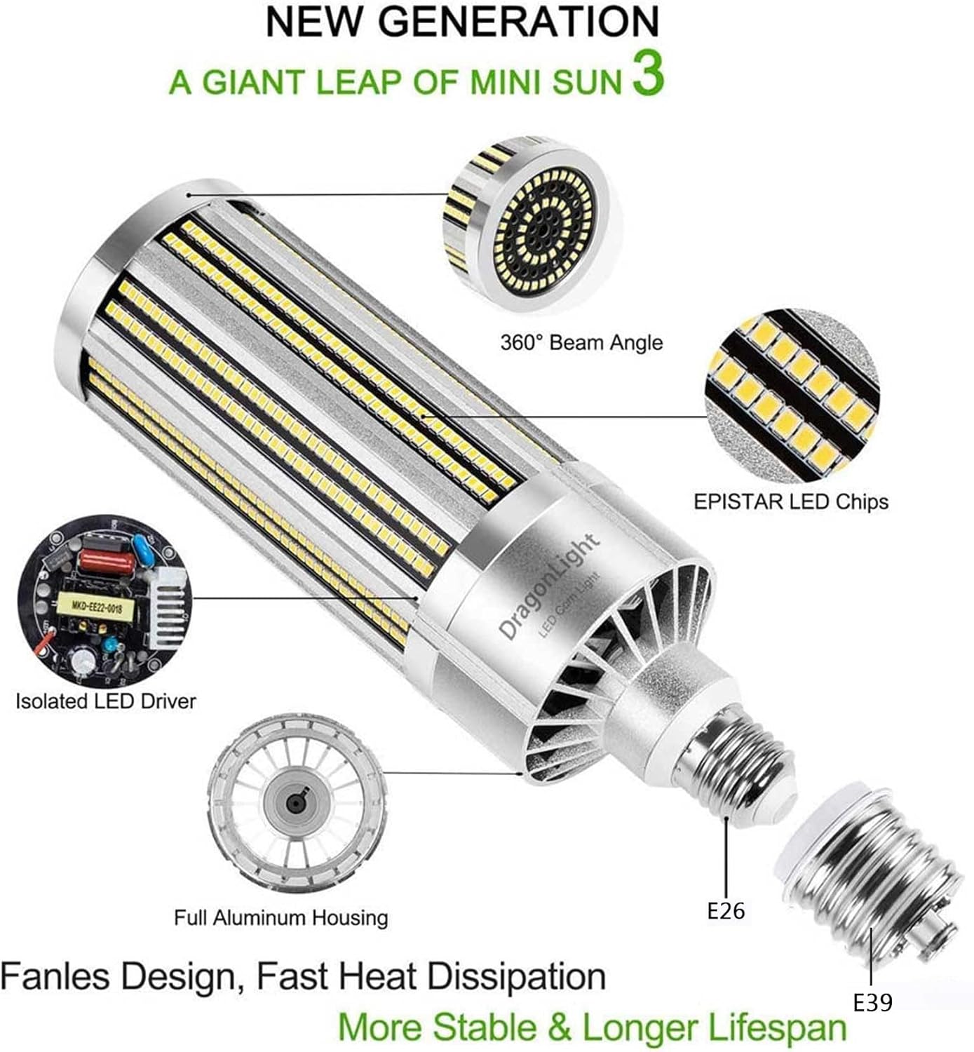 DragonLight 100W Commercial Grade Corn LED Light Bulb Fanless(800 Watt Replacement) E26/E39 Large Mogul Base LED Lamp 3000K Warm White 12,500LM for High Bay Area Lighting
