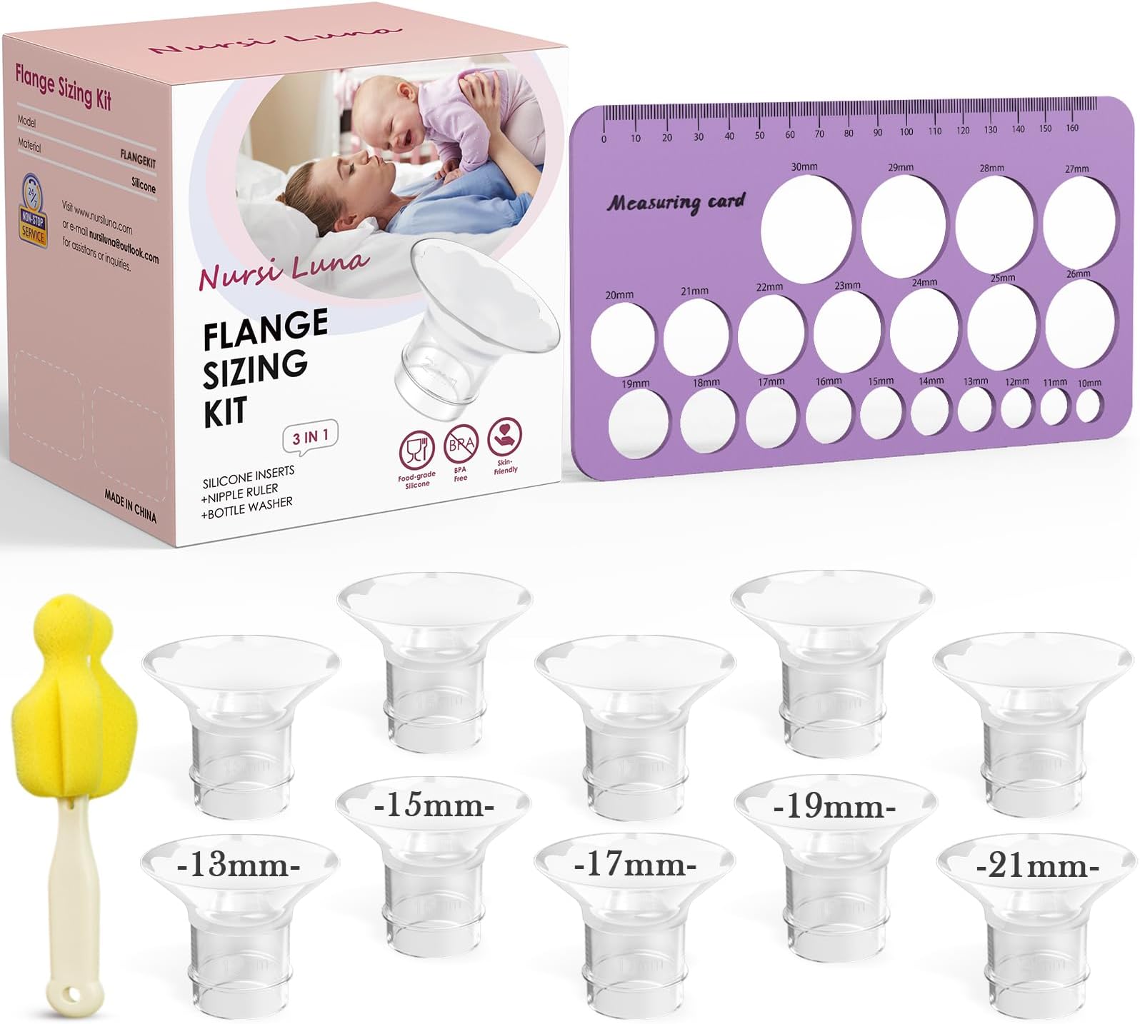 Nursi Luna Flange Sizing Kit 3 in 1 with 10PCS Flange Inserts 13/15/17/19/21mm, Silicone Breast Pump Flanges Insert Kit for 24mm Electric Breast Pump, Pumping Breastfeeding Essentials Kit for New Mom