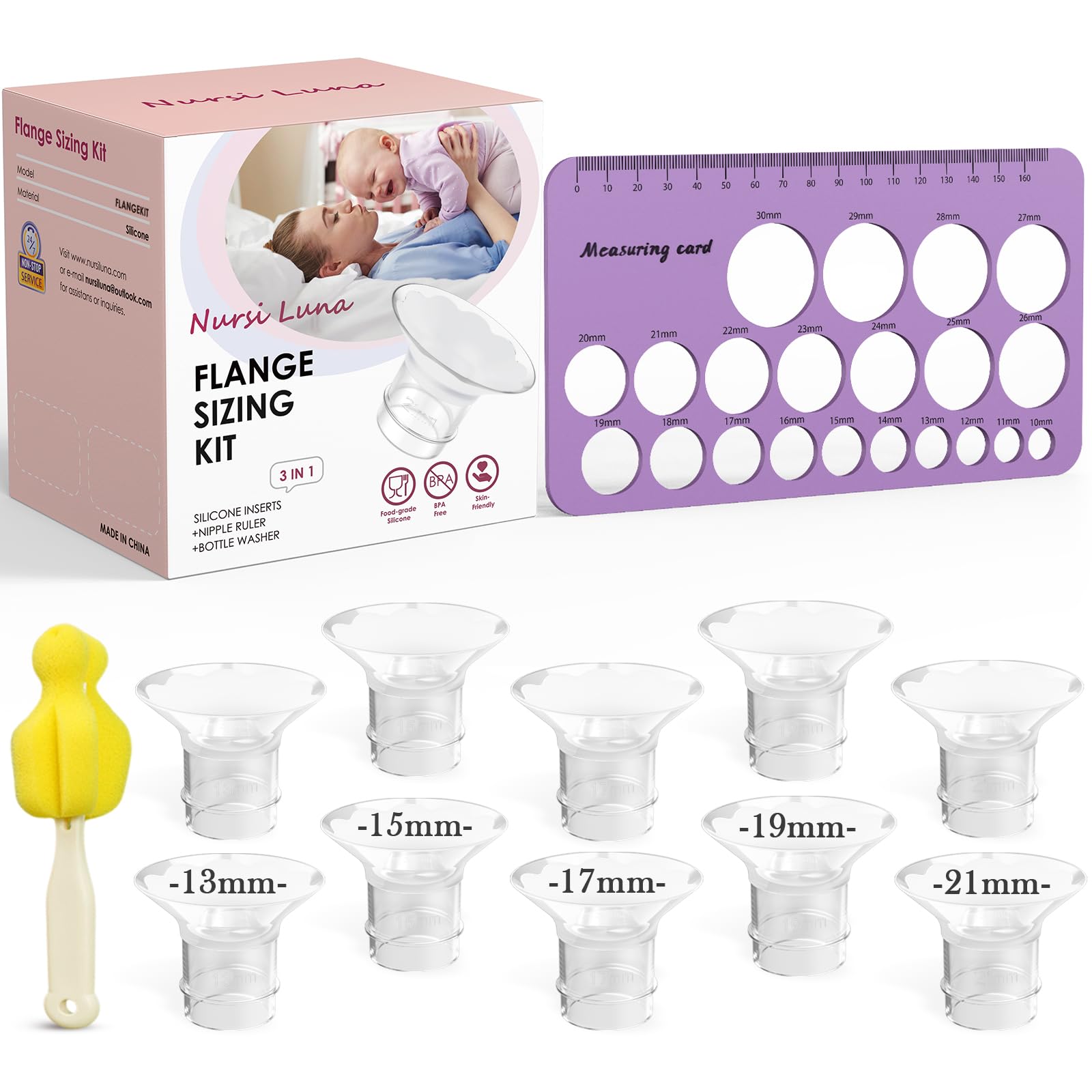 Flange Sizing Kit 3 in 1 with 10PCS Flange Inserts 13/15/17/19/21mm, Silicone Flanges Insert Kit for 24mm Flange/Shield, Pumping Essentials Kit for Moms