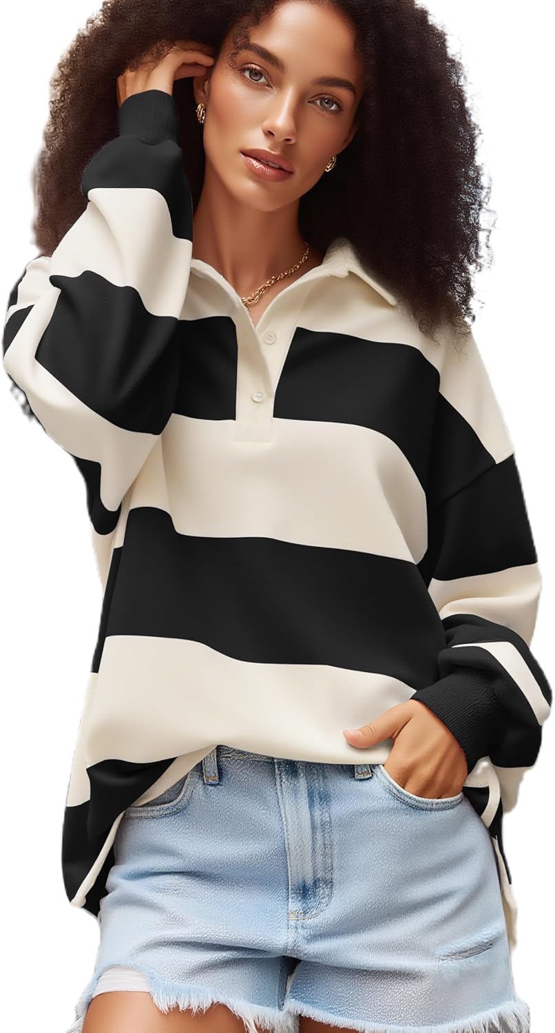 Kodaruber Women Striped Polo Sweatshirt Oversized Long Sleeve Lapel V Neck Pullover Shirt Trendy Rugby Shirts