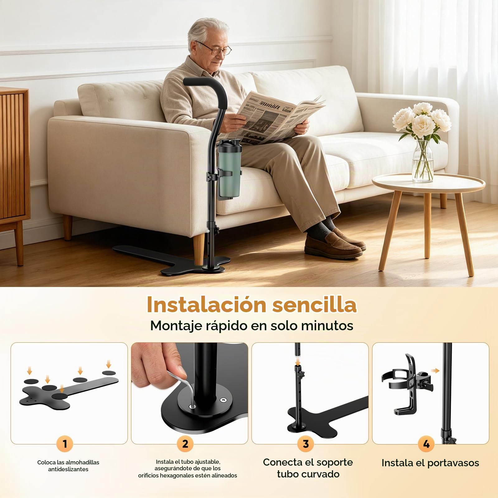 Ayuda para Levantarse del Sofá/Silla/Cama MAX 180 kg, Soporte para Levantarse Antideslizante con Portavasos, Barra de Ayuda con 6 Alturas Ajustables para Ancianos, Mayores, Discapacitados, Pacientes