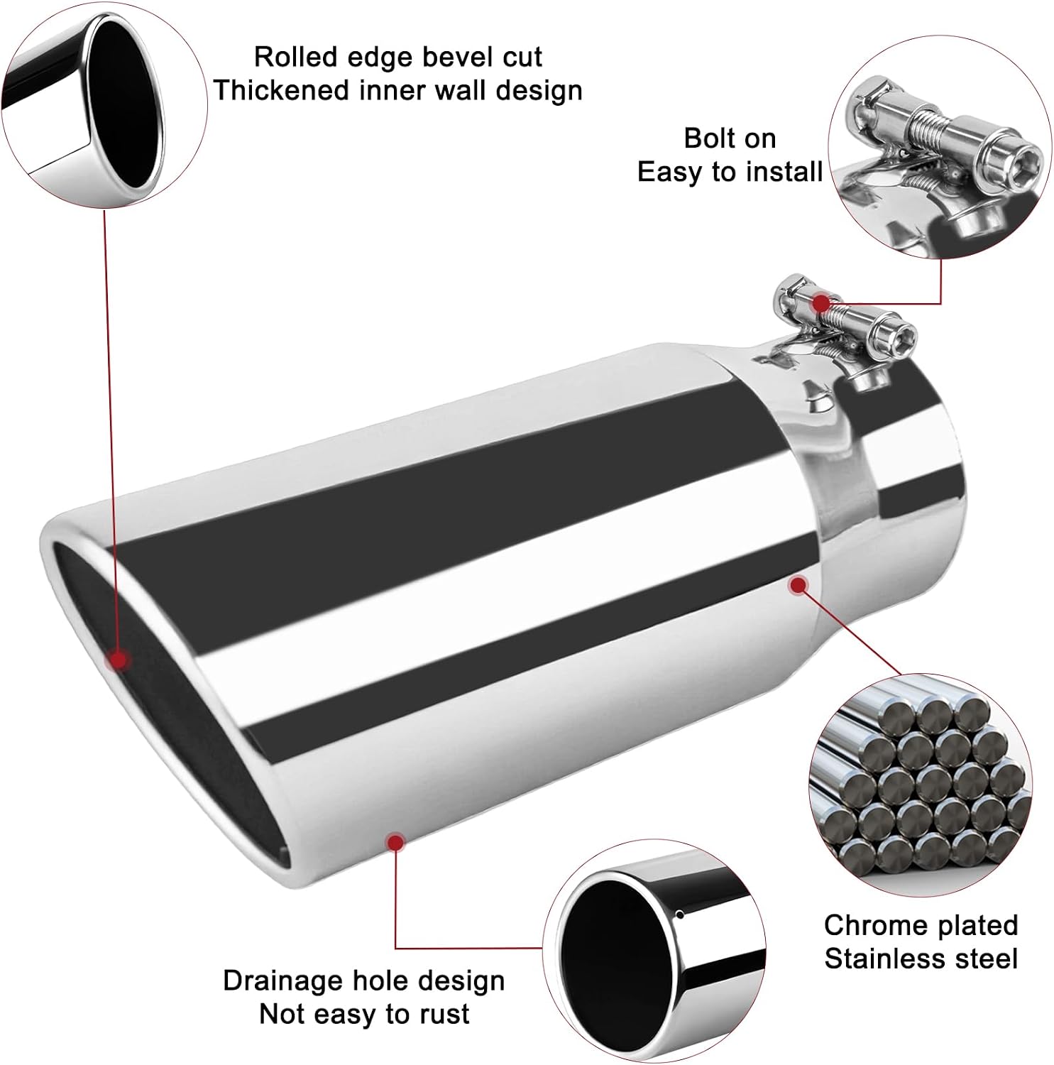 4" Inlet Exhaust Tip, 4" Inlet 5" Outlet 12" Overall Length Stainless Steel Muffler Tip, Polished Finish Exhaust Tips, Rolled Angle Cut Design, Bolt On