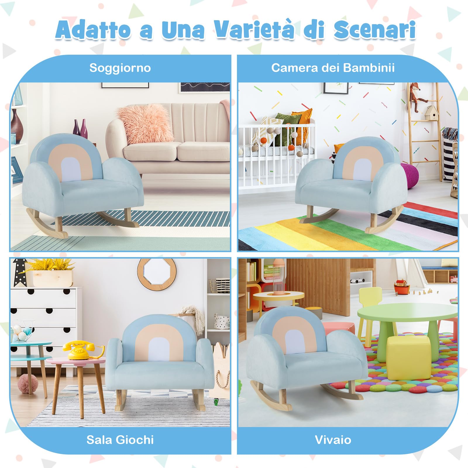 GYMAX Divano a Dondolo per Bambini 3-5 Anni, Gamba in Legno Massello, Poltrona Imbottita, Carini per Cameretta, Asilo Nido e Sala Giochi, Blu