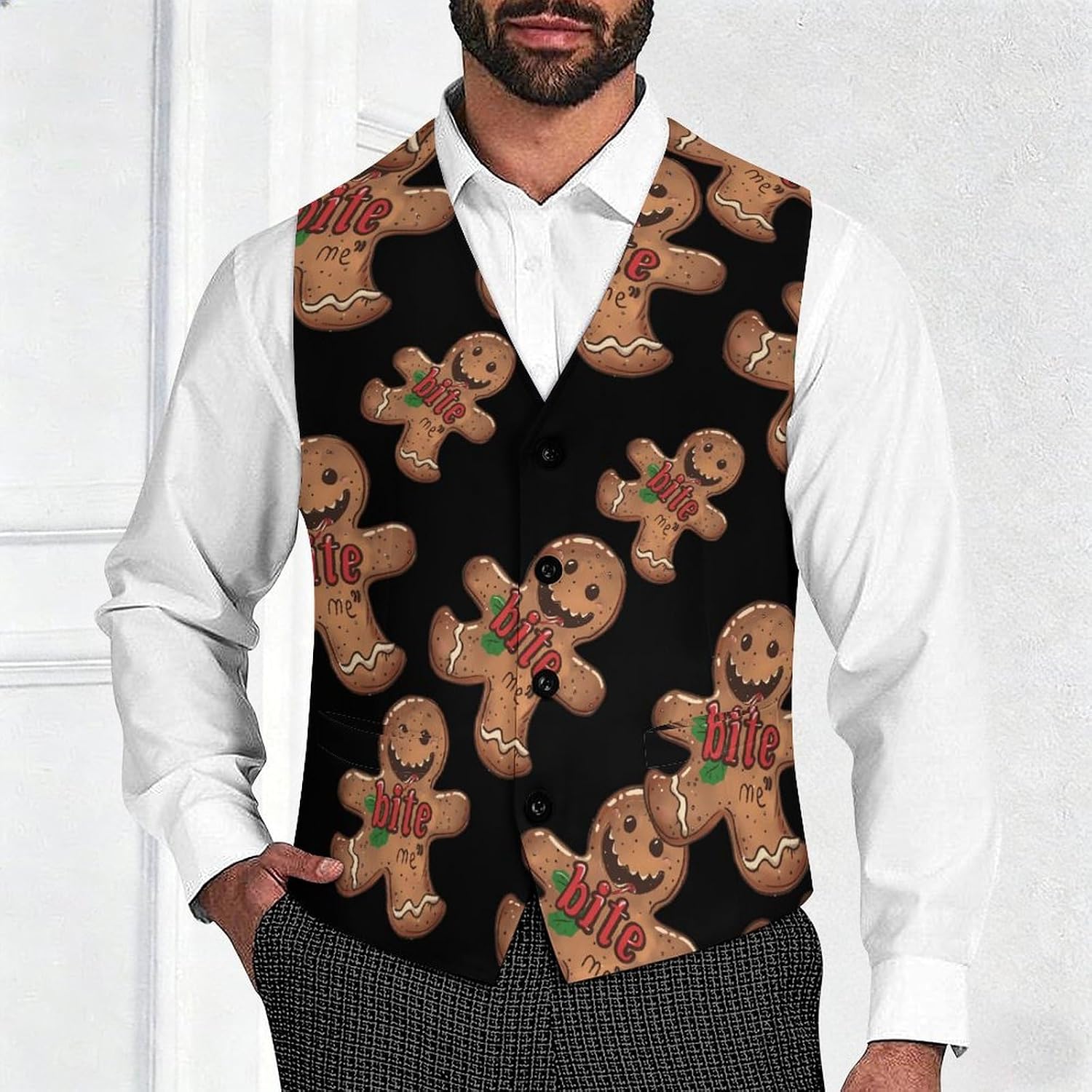 Funny Christmas Bite Me Gingerbread Men's Suit Vest Formal Vests Casual Dress Fit Waistcoat Casual Tuxedo for Business