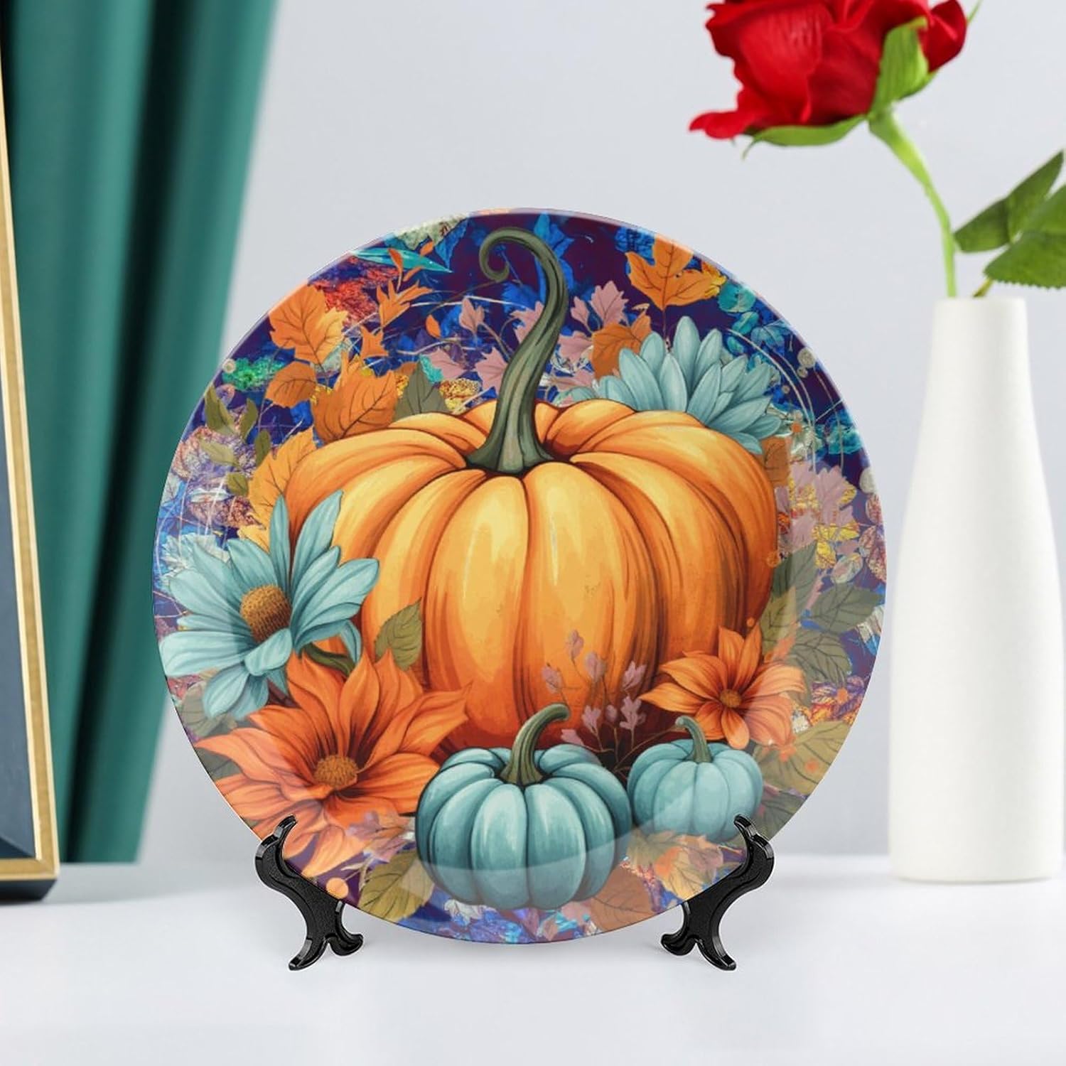10" Decorative Plate with Stand Autumn Watercolor Pumpkin Ceramic Plate Round Home Wobble-Plate Dinner Plates Dish Thanksgiving Home Wall Decoration Office Table Decor Kitchen Wall Art