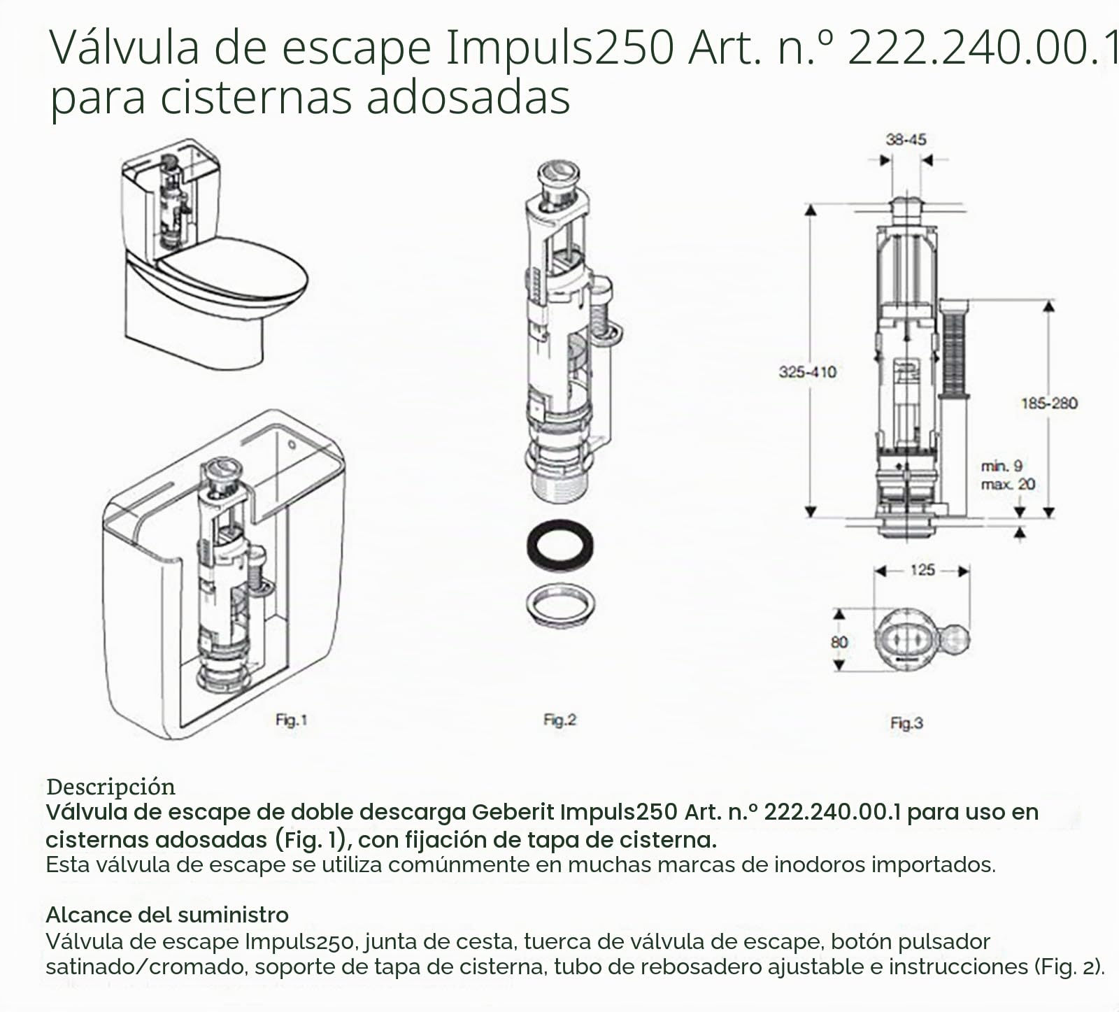 Geberit Impuls 250 Twico 1 Válvula de descarga doble para cisterna de inodoro, válvula de salida de repuesto