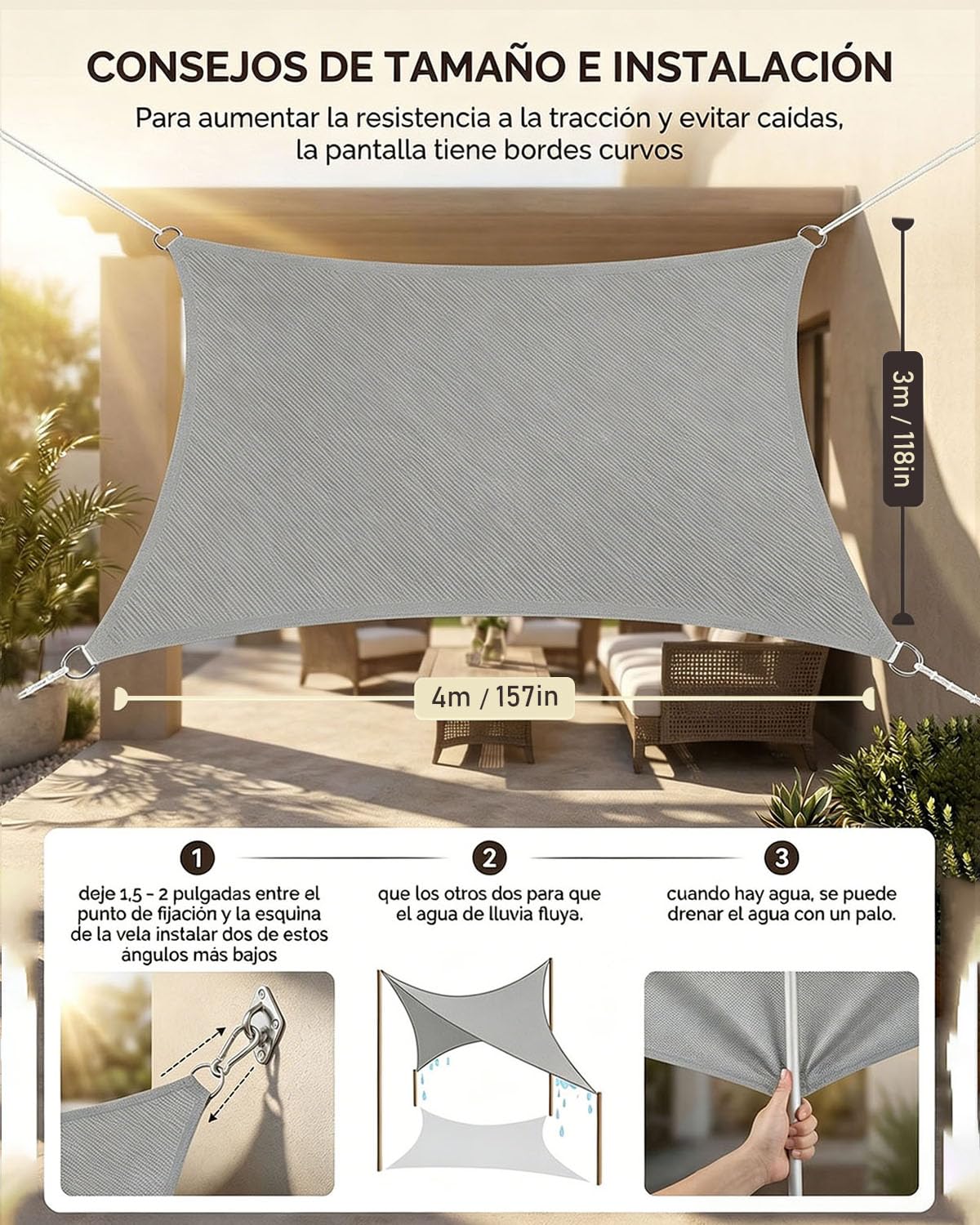 Vela de Sombra Rectangular 3x4m con Kit de Instalación, HDPE Impermeable y Antidesgarro, Protección UV, Resistente al Viento, Incluye Accesorios, Balcón, Jardín o Patio, Gris