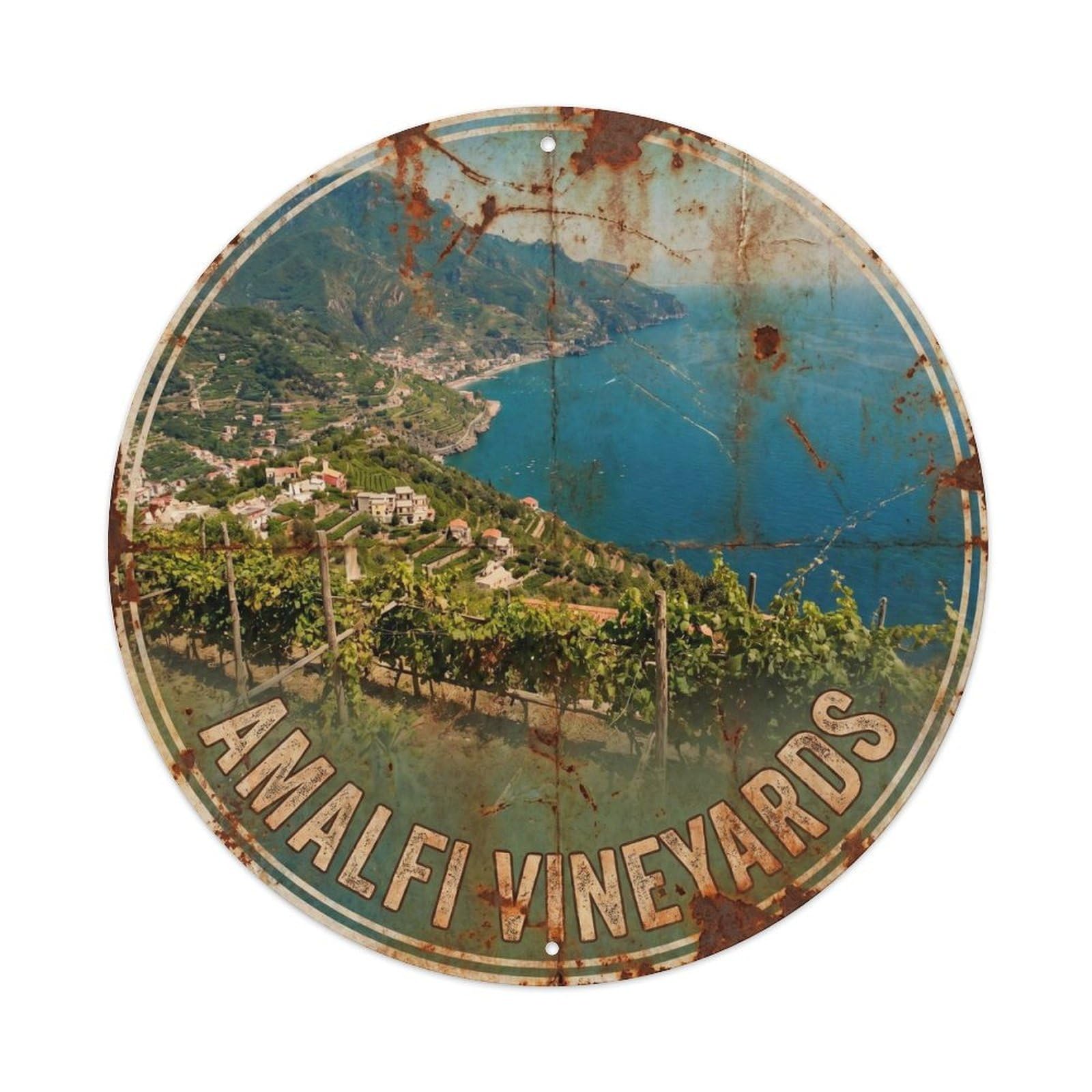 Retro Amalfi Vineyard Landscape Coastal Village Classic Metal Tin Sign Plaque Wall Decor for Cafe, Man Cave, Club Bar, Office, Home Garden Round Metal Poster 8x8Inch