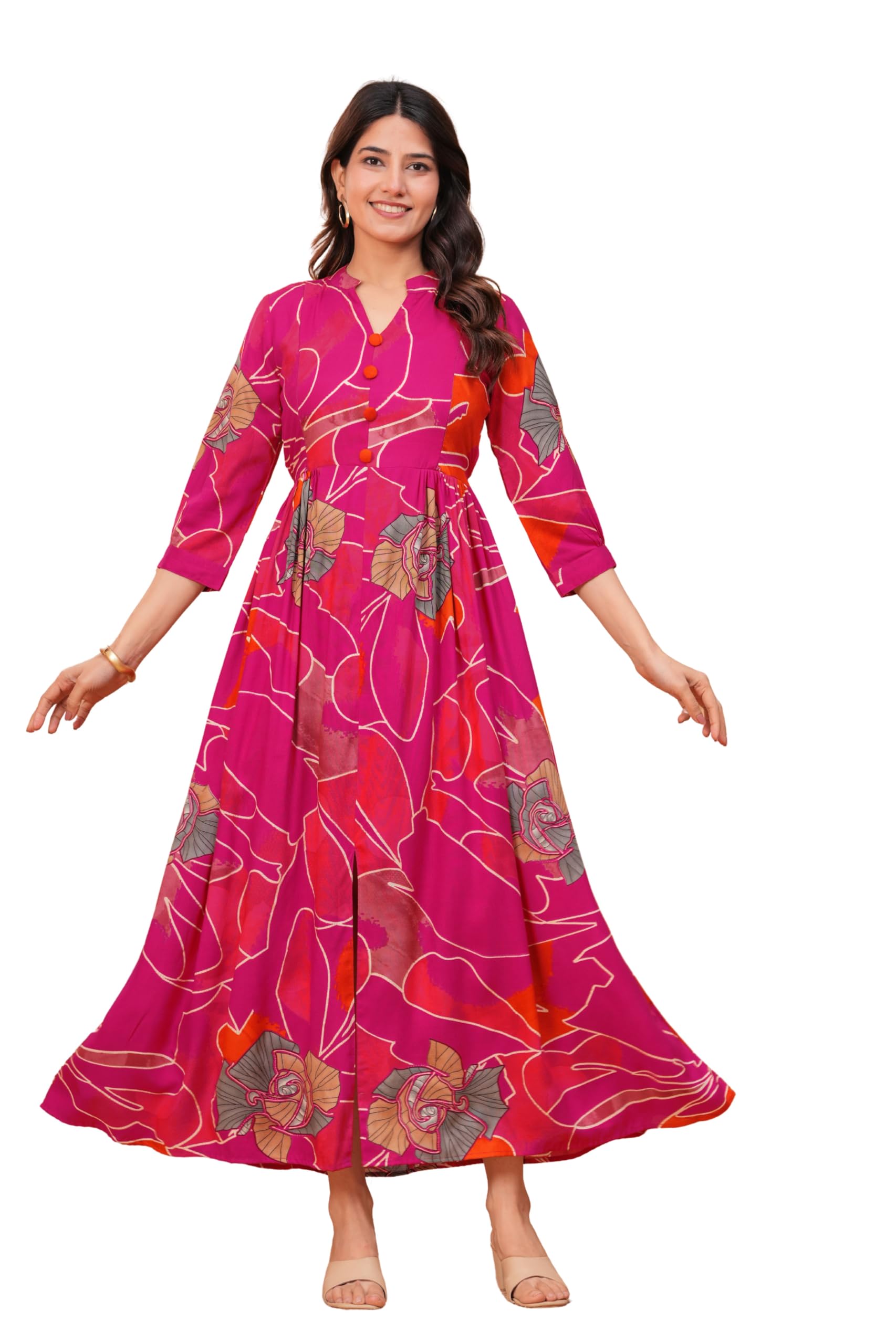 shansh Women's Cotton Floral Printed Maternity Feeding Maxi Dress, A-Line Anarkali Gown, 3/4 Sleeve, Ankle Length-picture-43