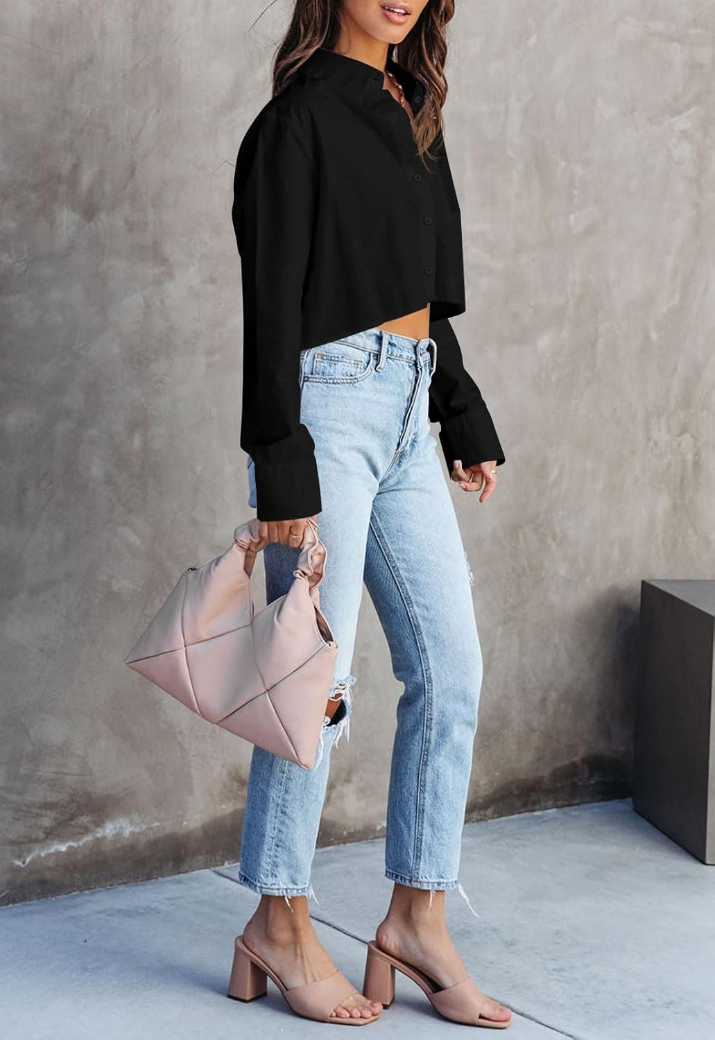 INFITTY Button Down Shirts for Women Long Sleeve Casual Crop Tops Solid Lapel Blouse Shirt with Pocket - Image 4