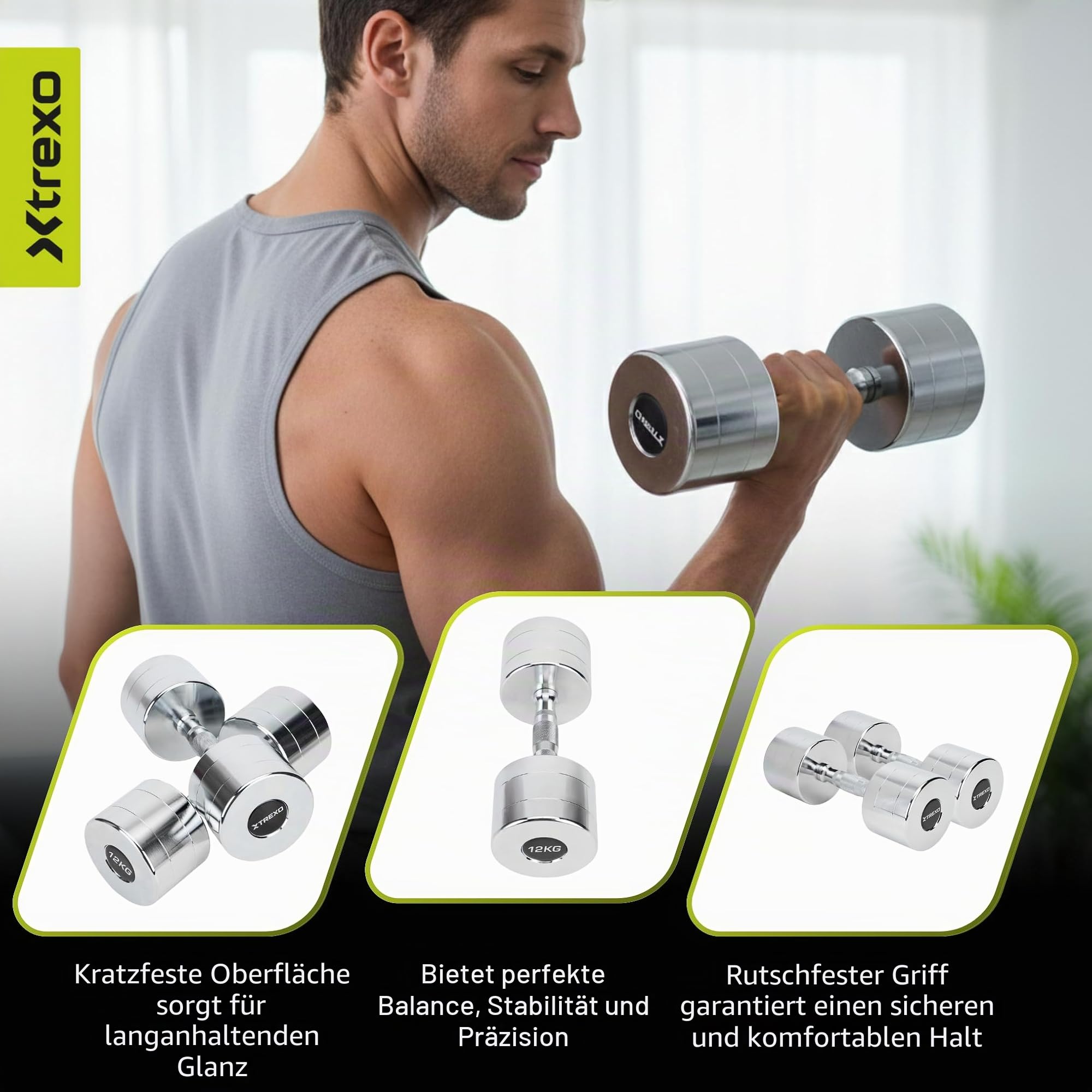 XTREXO Verchromte Kurzhanteln Set – 2er Paar (2.5–12 kg) – Stahlhanteln mit rutschfestem Griff, Chromoberfläche, Robust & Langlebig – Ideal für Krafttraining Zuhause und Fitnessstudio