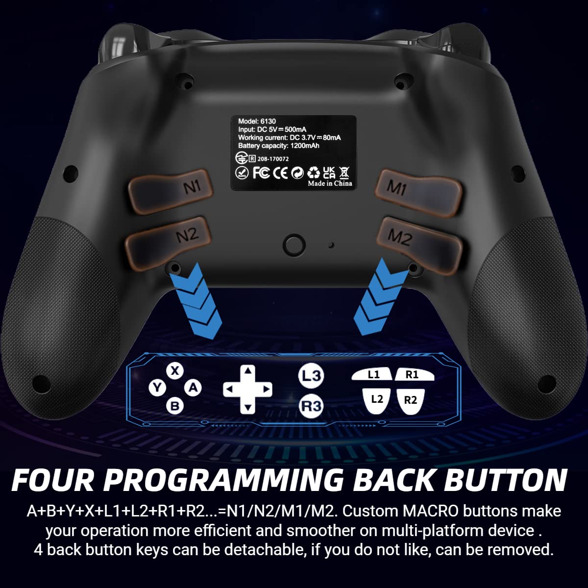 arVin Wireless Gaming Controller for iPhone/iOS/Android/PC/Steam/Switch Controllers Bluetooth Gamepad Joystick with 4 Back Button/Turbo/6-Axis Gyro/Dual Motors/RGB Light/Phone Holder/1200mAh Battery