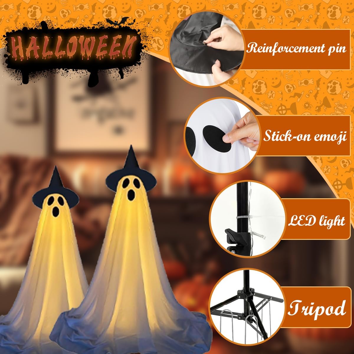 Halloween Decor, Ghost Decor Ghost with Remote Control String Lights, Halloween Decorations Outdoor for Porch, Patio, Garden, Lawn.