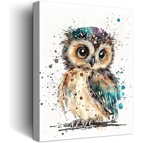 C8BUSIS Cute Owl Canvas Wall Art Watercolor Abstract Animal Prints Splash-ink Bird Pictures Modern Framed Artwork for Bedroom Living Room Kitchen Bathroom Nursery Office Farmhouse Wall Decor, 12"x16"