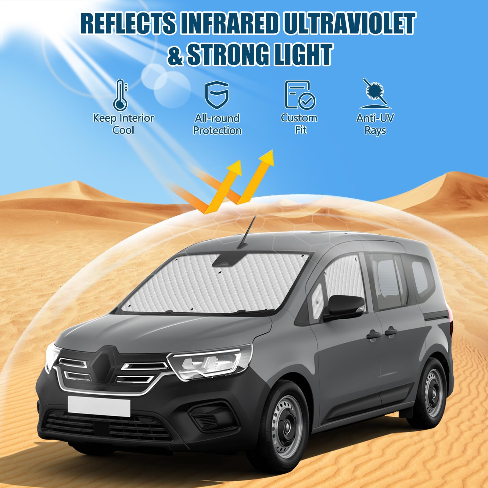 Parasole per Parabrezza Auto compatibile con 2020-2025 Renault Kangoo 3 XFK, 5 Pezzi Pieghevole Parasole per Interni Auto, Set di Tappetini Termici Interni con Borsa Portaoggetti | Set di 5 protezioni oscuranti per parabrezza, tenda termica interna, con c