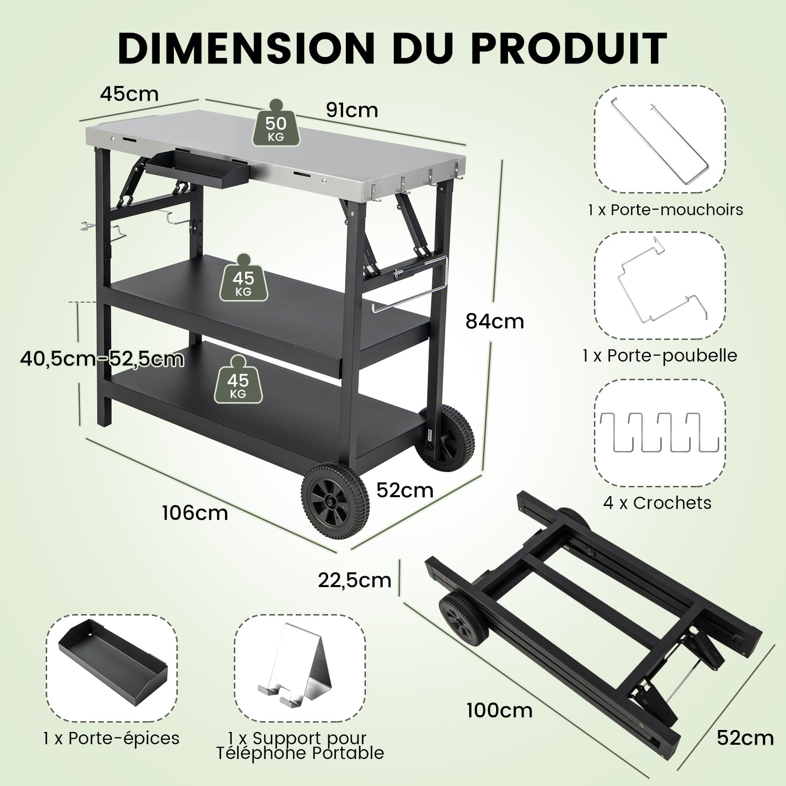 GYMAX Chariot Barbecue Pliable 3 Niveaux, Desserte Jardin Mobile avec 2 Roues, Robuste en 201 Acier Inoxydable, avec Tablette à Épices, Porte-Poubelle, Porte-Mouchoirs,106x52x84cm